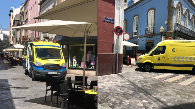 Montaje de ambulancias intentando entrar por calles con terrazas./ AAVV TrianaSan Telmo
