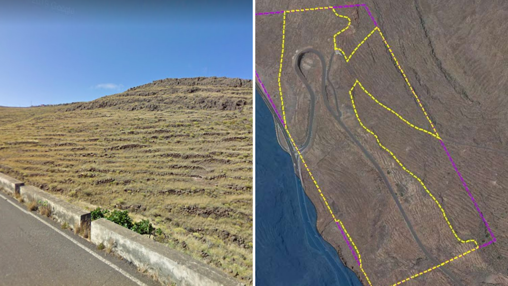 Imagen e ilustración de la zona donde se realizará la cantera que promueve Exa 2020 S.L. en La Gomera. / Google maps y proyecto de la cantera