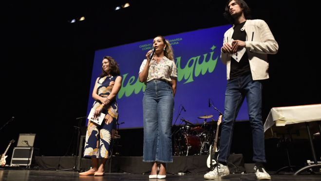 Iris Díaz, Guacimara Medina y Javeir Ortega en la presentación de la campaña al alumnado grancanario
