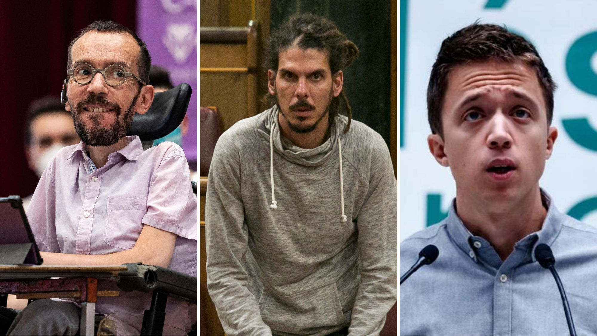 De izquierda a derecha, Pablo Echenique (Podemos), Alberto Rodríguez (Proyecto Drago) e Íñigo Errejón (Más País)./ Composición AH