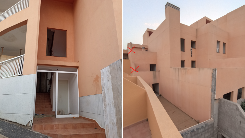 A la izquierda, entrada al edificio abandonado. A la derecha, marcado con X rojas, los puntos por donde se puede saltar del edificio abandonado al de El Drago./ Cedidas A la izquierda, entrada al edificio abandonado. A la derecha, marcado con X rojas, los puntos por donde se puede saltar del edificio abandonado al de El Drago./ Cedidas