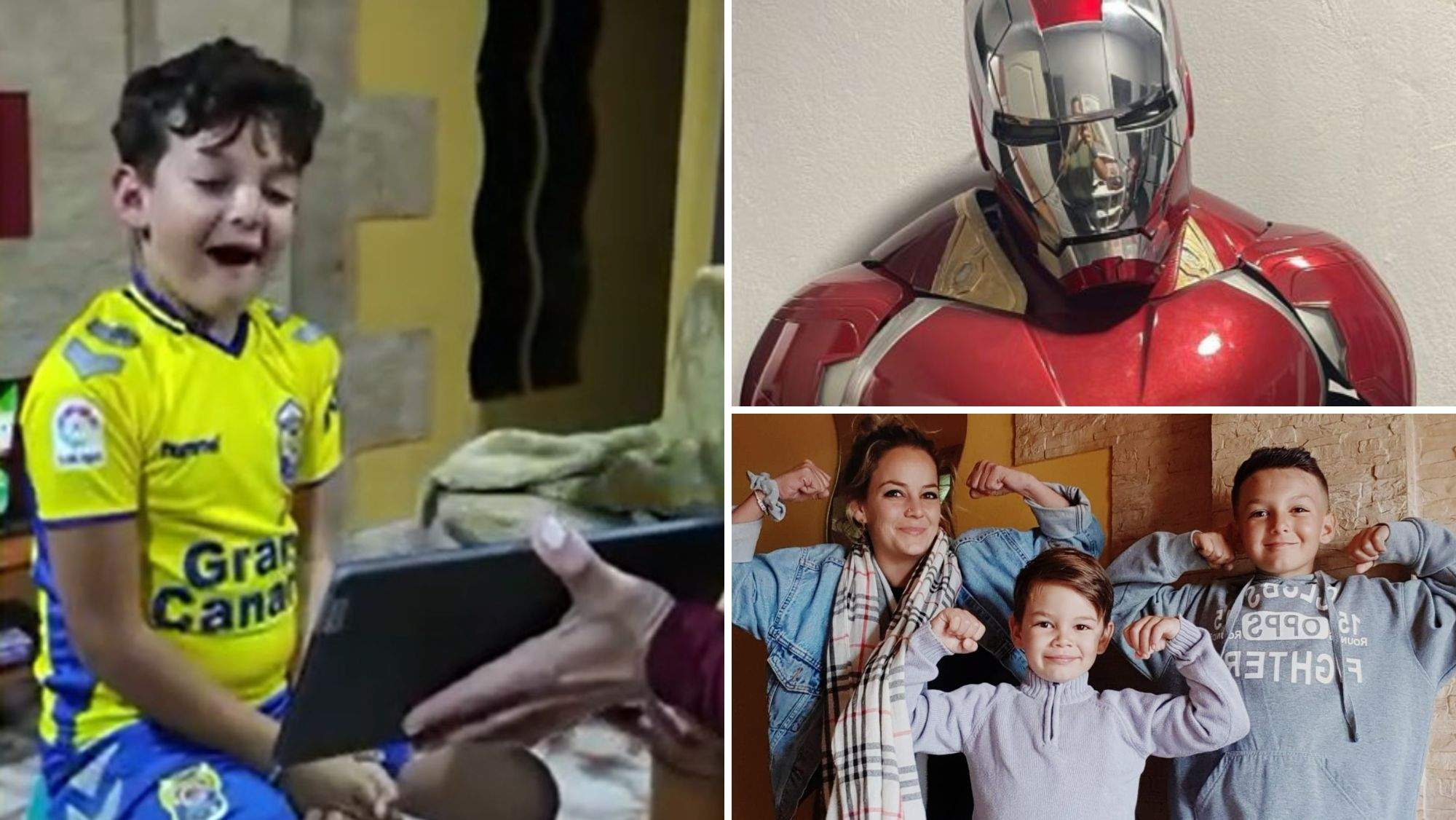 Ereven recibe la sorpresa de Iron Man por su noveno cumpleaños, junto al traje de Jesús Echedey y una foto de la familia. / AH