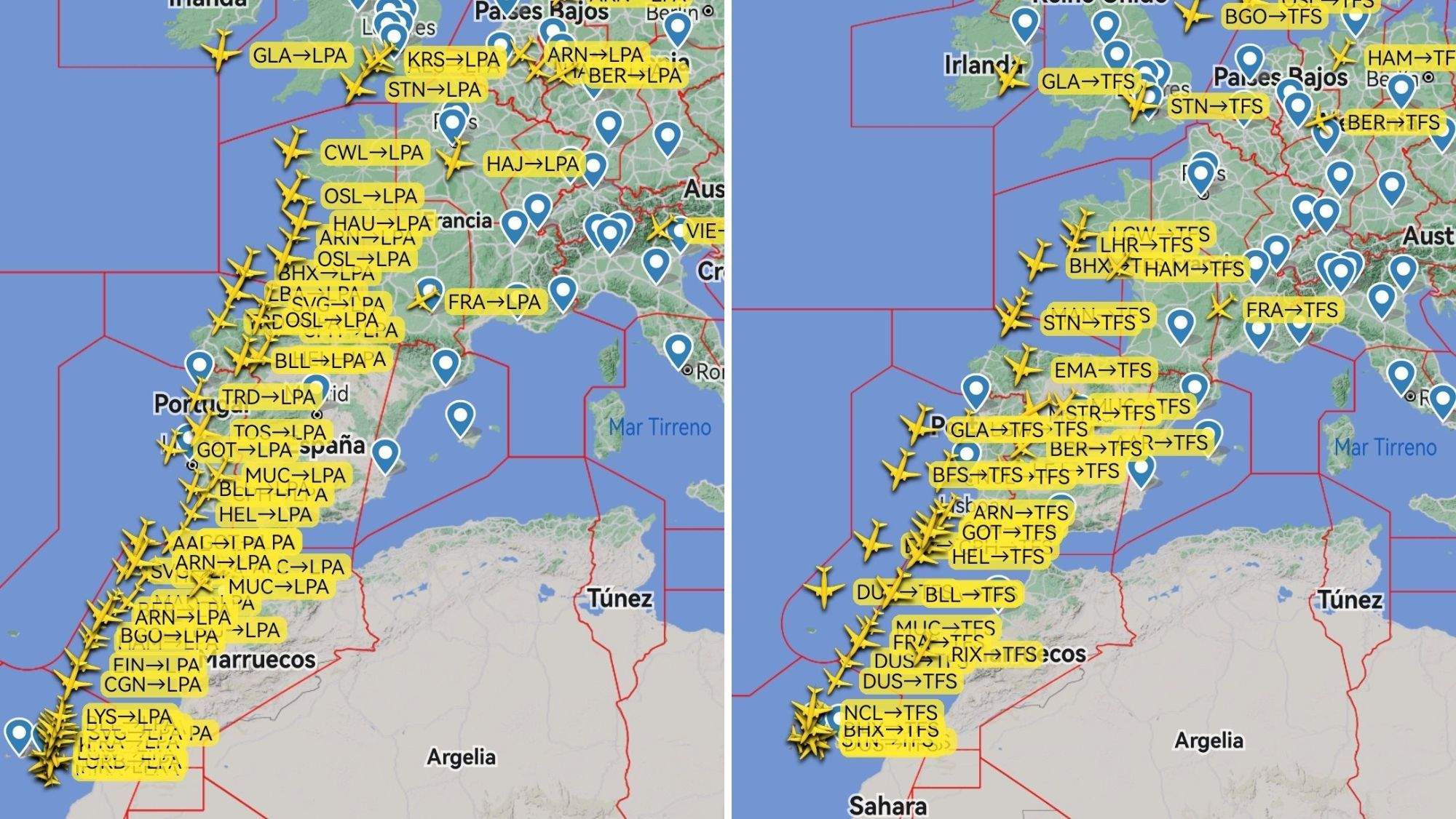 Vuelos con destino a Tenerife Sur y Las Palmas de Gran Canaria. / @controladores