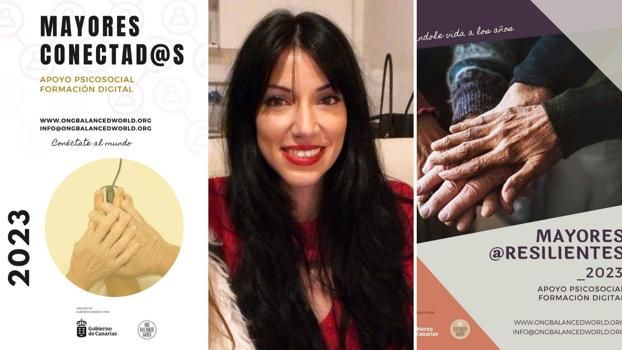 Elena Cano, coordinadora de la ONG Balanced World, con los carteles de las iniciativas para ayudar a los mayores. / AH