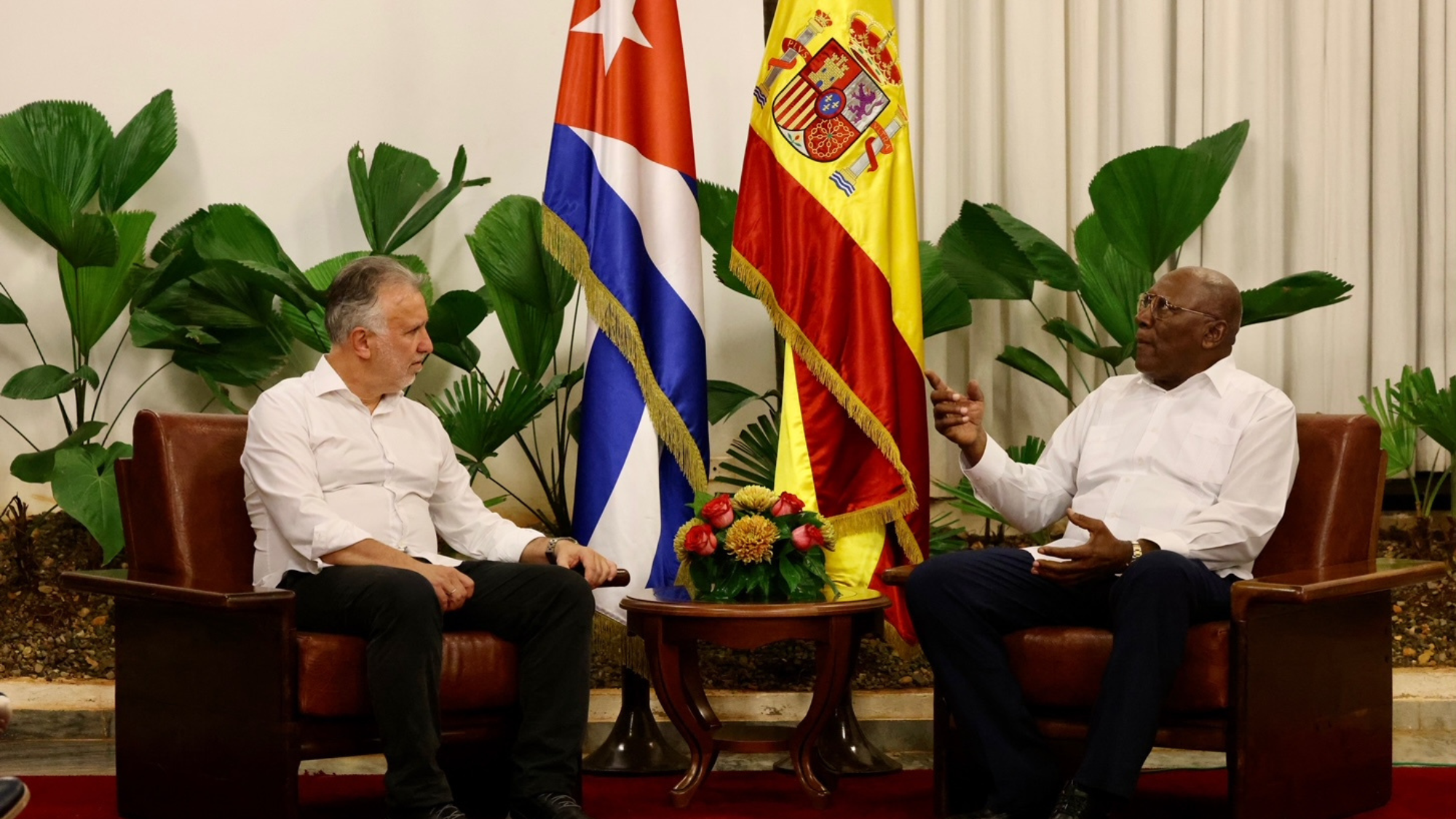 Fotografía cedida que muestra al vicepresidente cubano Salvador Valdez Mesa (d) mientras se reúne con el presidente de Canarias, Ángel Víctor Torres. /Efe