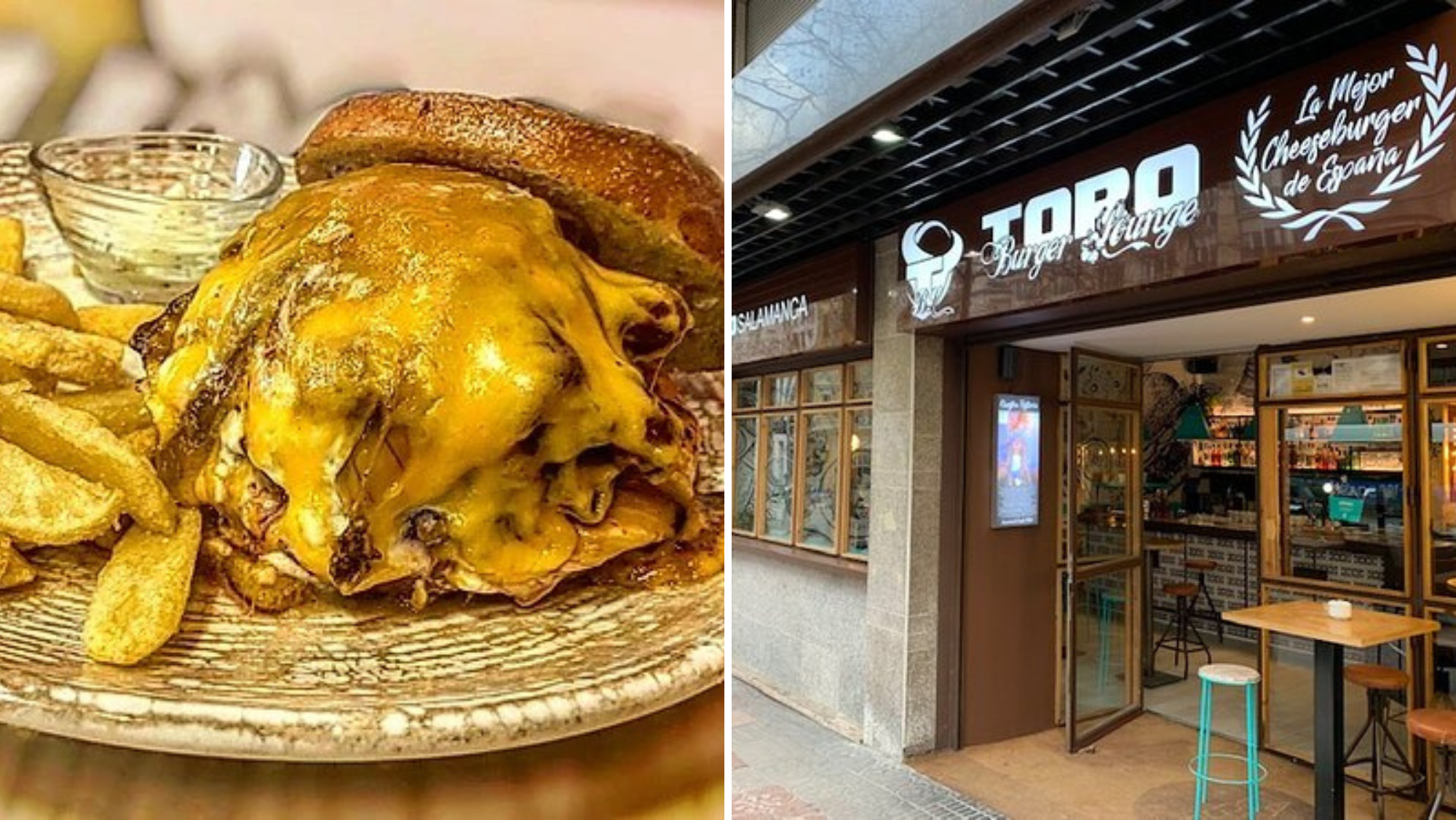 Una hamburguesa "Maya" de Toro Burger, considerada la mejor 'cheese burger' de España en 2020; y un local de Toro Burger Lounge en Madrid./ TBL