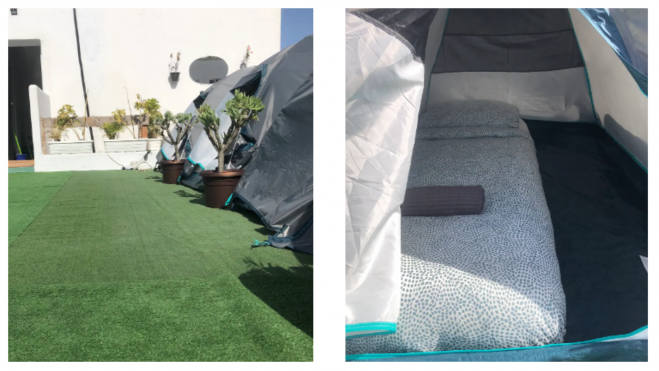 Imágenes de las casetas de campaña en una azotea de una casa en Lanzarote./ Airbnb