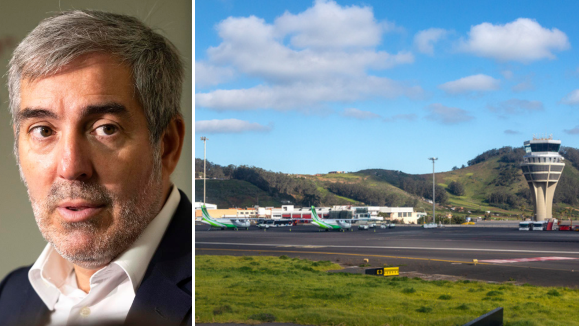 El presidente de Canarias, Fernando Clavijo, y la torre de control del aeropuerto de Los Rodeos./ MONTAJE AH