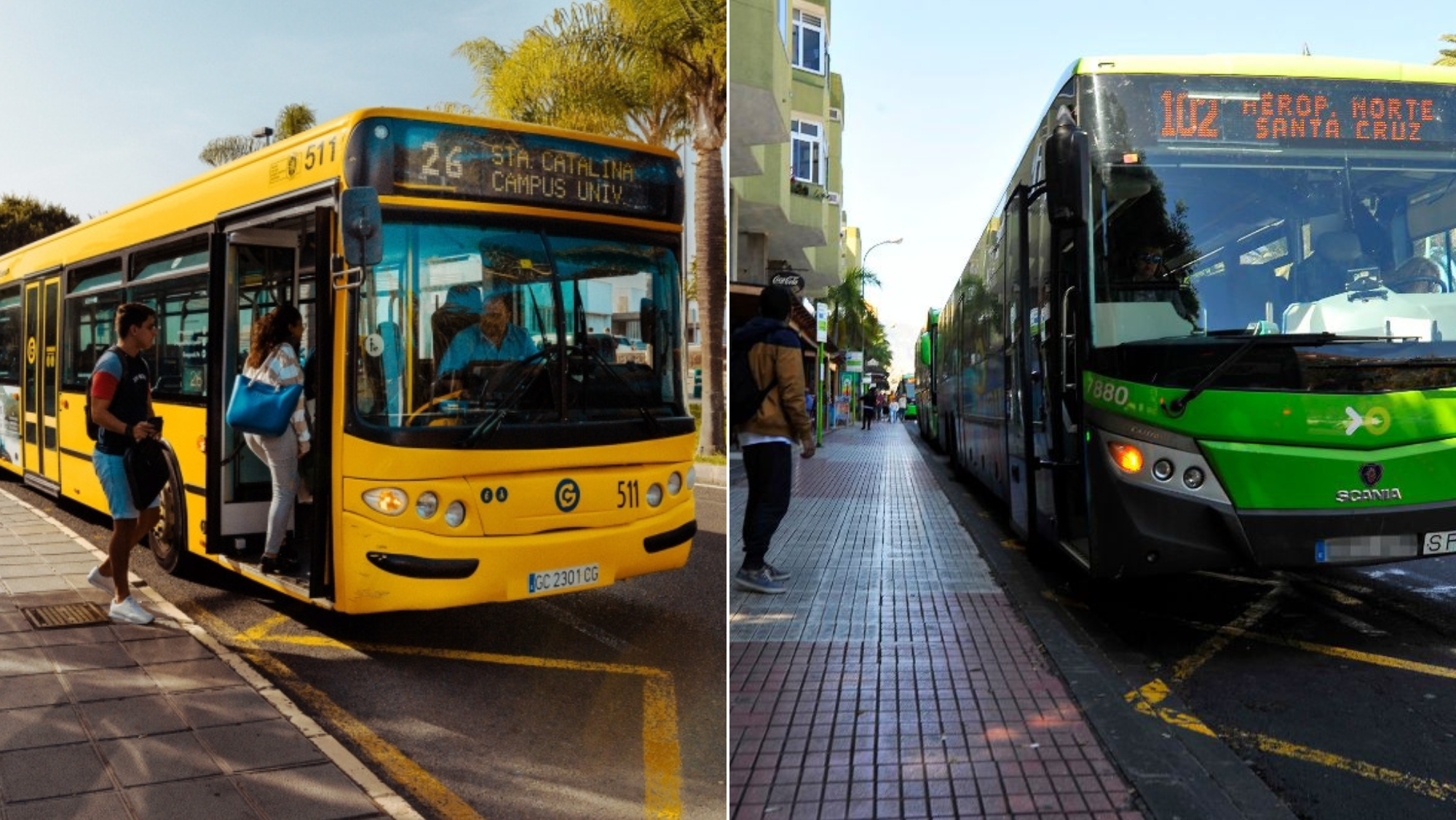 Canarias tendrá transporte gratuito en 2025, pero aún falta definir quién podrá beneficiarse. En la imagen, vehículos de Guaguas Municipales y TITSA. / AH