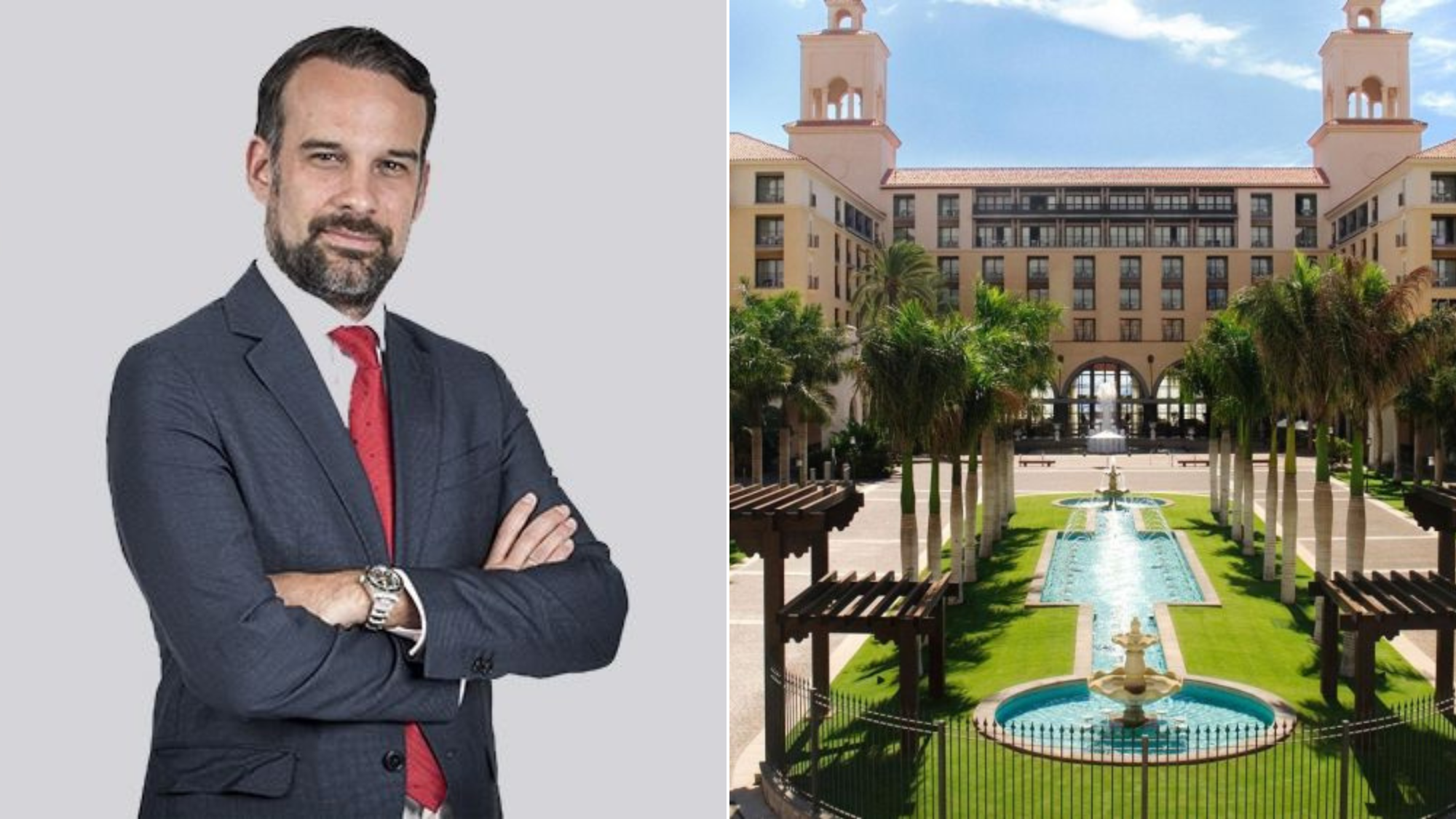 José Alba a la izquierda y el hotel Costa Meloneras de Lopesan, en San Bartolomé de Tirajana, a la derecha. / Lopesan Hotel Group