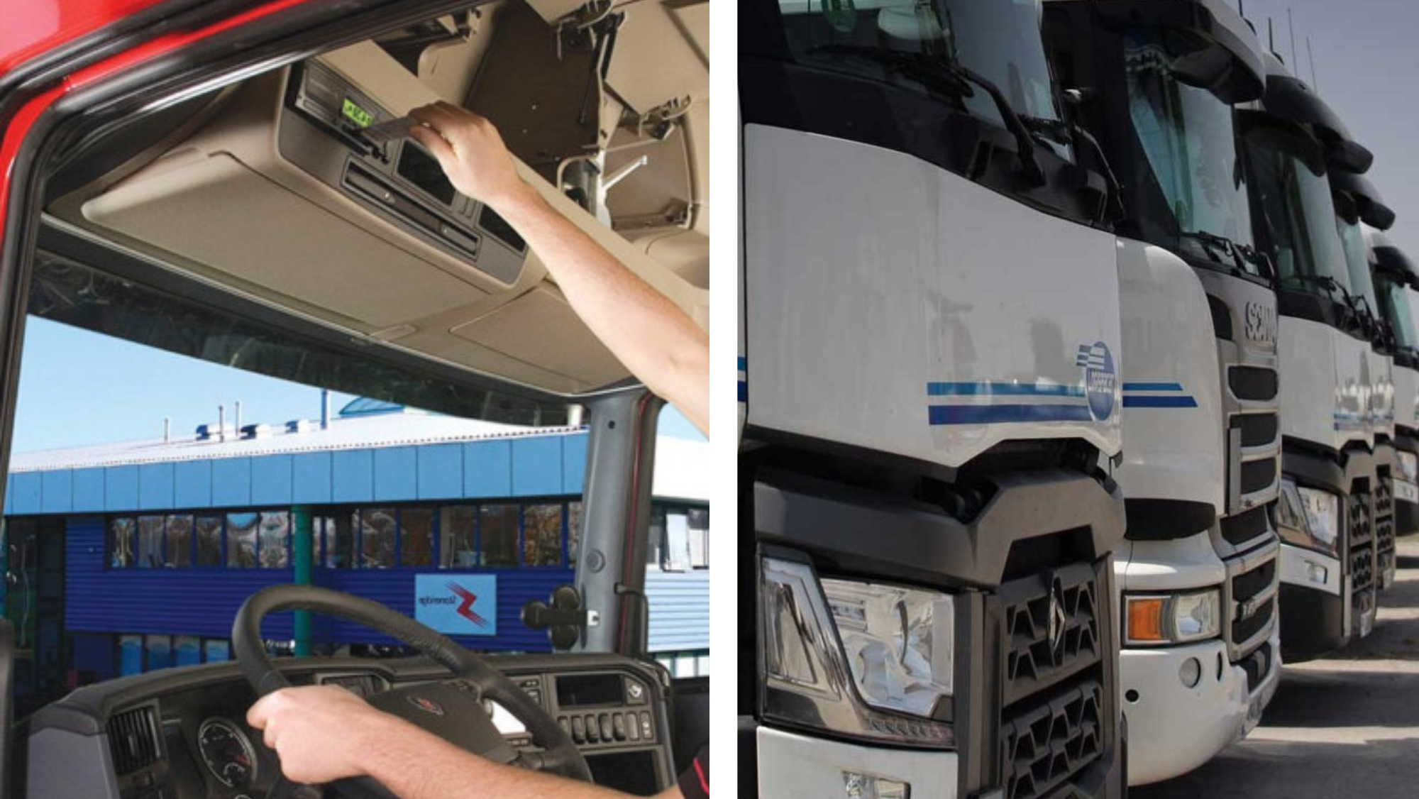 El tacógrafo junto a camiones de transporte de mercancías. / Montaje AH