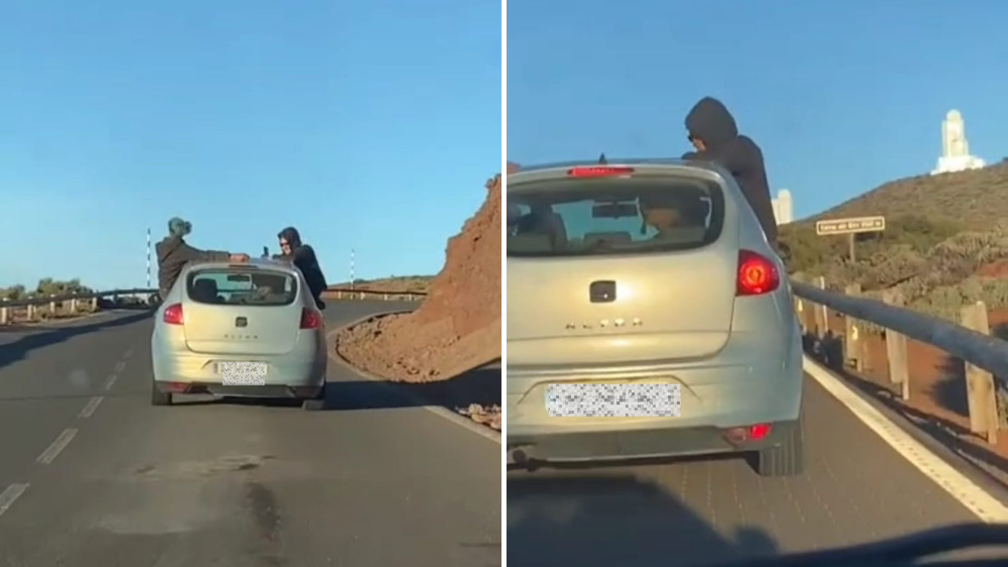 Un coche circula con dos personas con medio cuerpo fuera de la ventanilla en Tenerife./ Cedidas