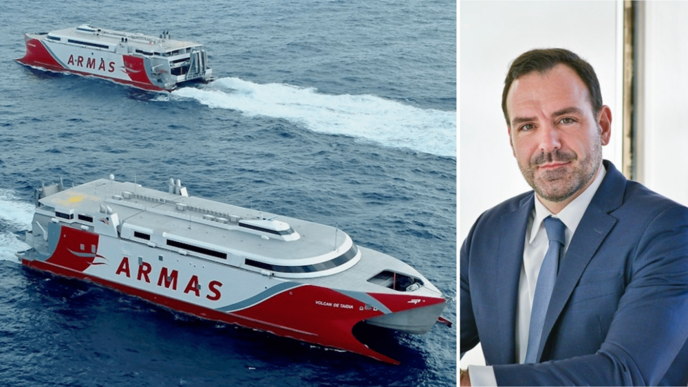 Dos barcos de Naviera Armas y Sergio Vélez, nuevo consejero delegado interino de la empresa./ Montaje AH