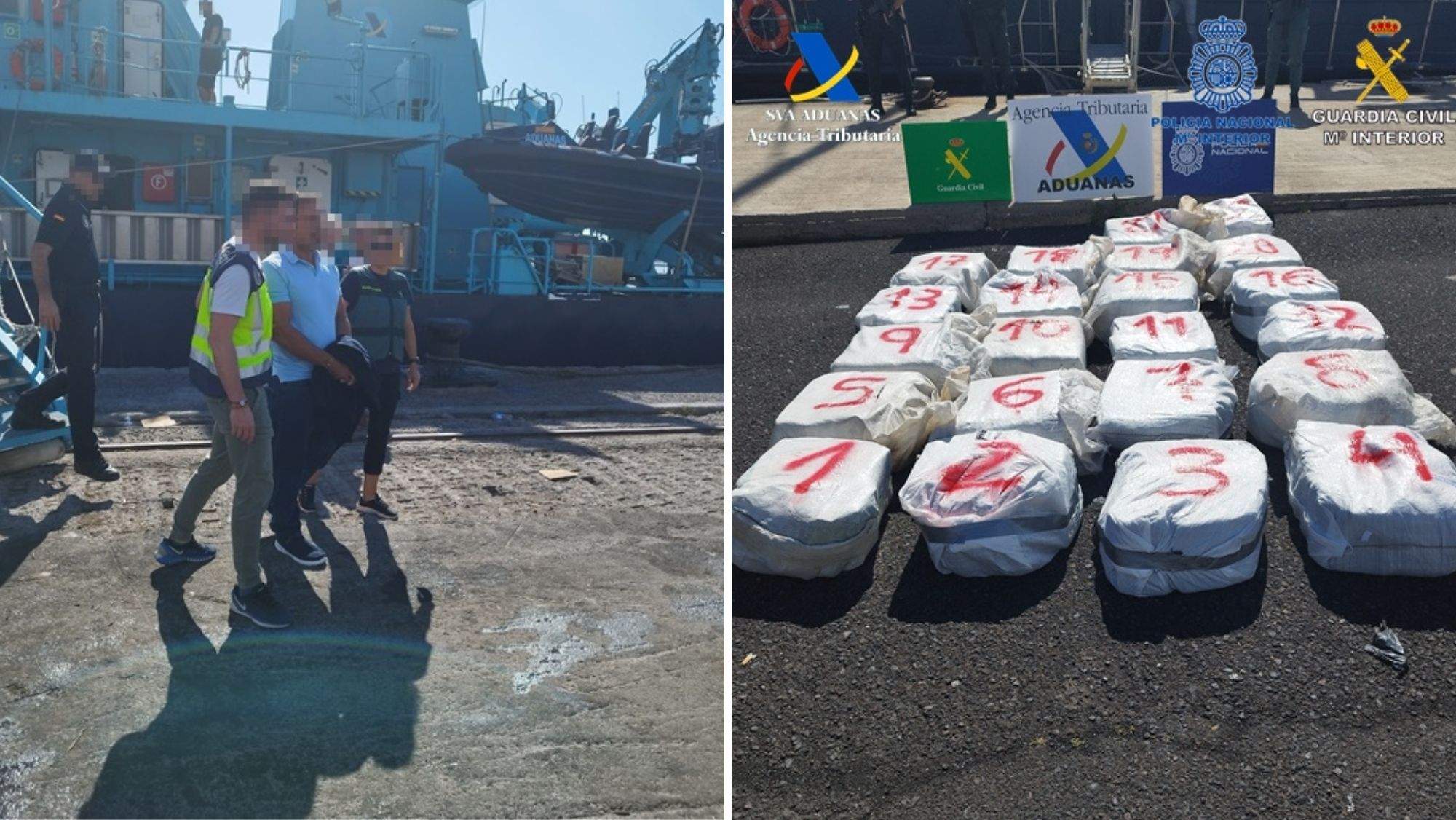 Detención en uno de los veleros y droga incautada por la Agencia Tributaria. / Montaje AH Detención en uno de los veleros y droga incautada por la Agencia Tributaria. / Montaje AH