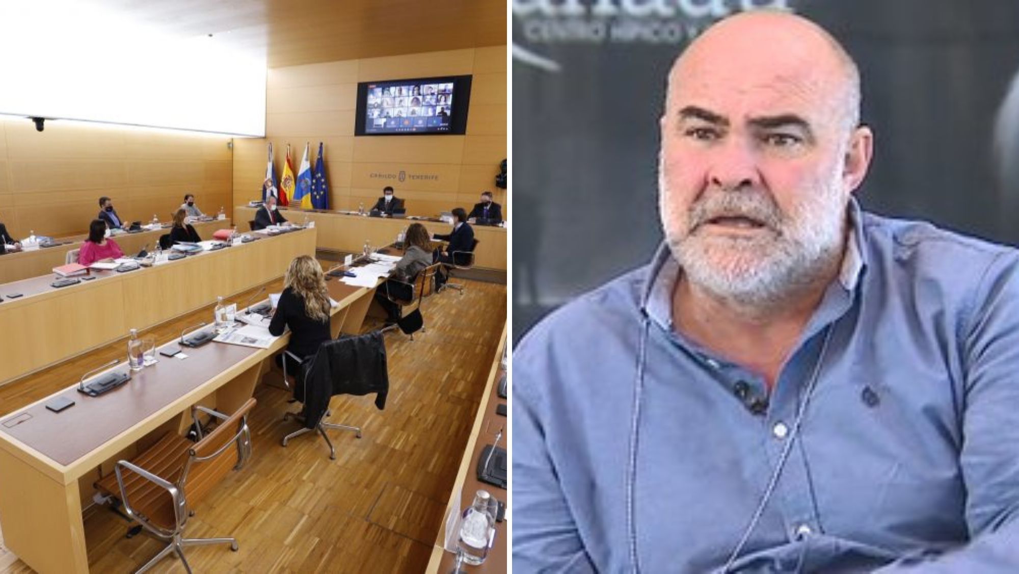 Sala de Plenos del Cabildo de Tenerife y Antonio Navarro Tacoronte, 'el Mediador'. / AH