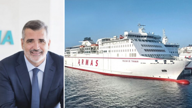 Adolfo Utor, presidente de Balèaria, y un barco de Naviera Armas./ Adolfo Utor, presidente de Balèaria, y un barco de Naviera Armas./