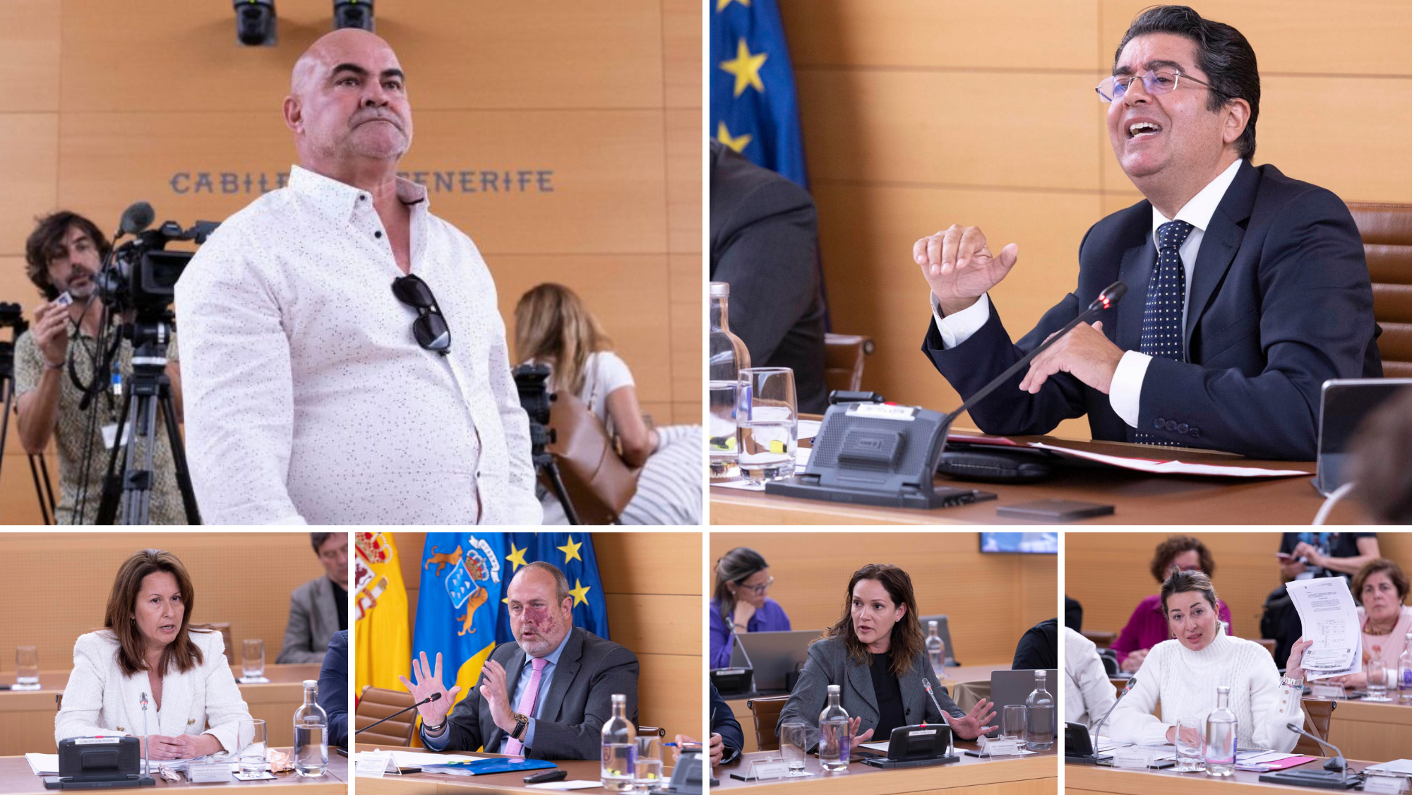 Arriba, el mediador Antonio Navarro y el presidente del Cabildo, Pedro Martín; abajo, Concepción Rivero, Enrique Arriaga, Zaida González y Verónica Messeguer./ Montaje AH - EFE