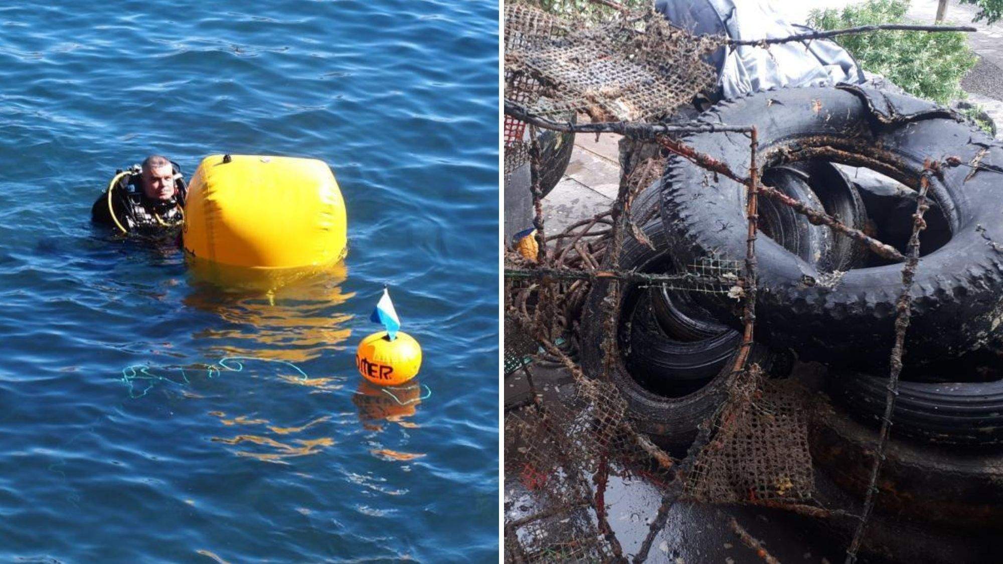 Conrado Cabeza, presidente de Promemar, junto a un globo de recogida y basura del fondo marino ya en tierra. / Promemar