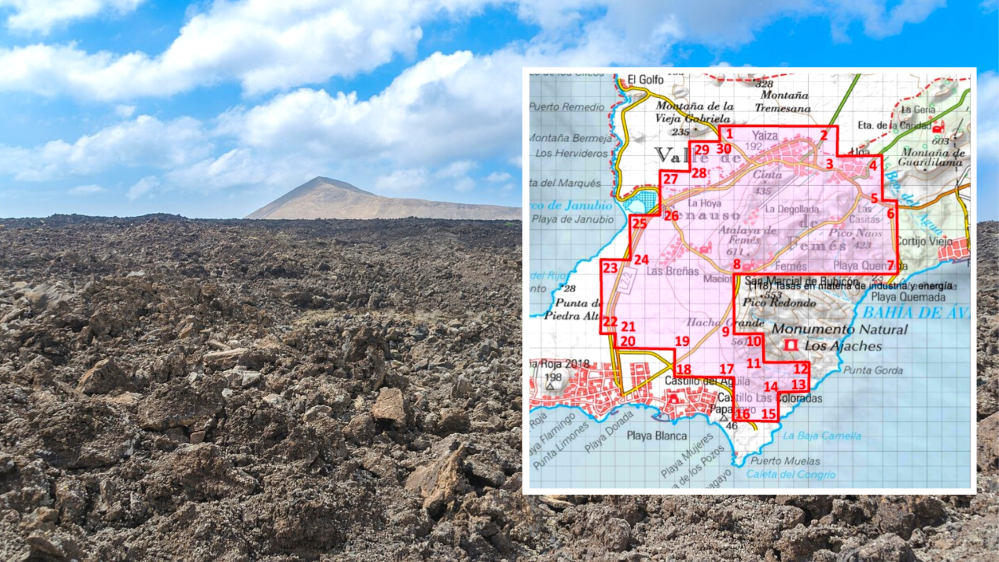 Zona de investigación del permiso Electrolanzarote, en Lanzarote. / Composición hecha por Atlántico Hoy (Pixabay y documento de solicitud de la empresa)