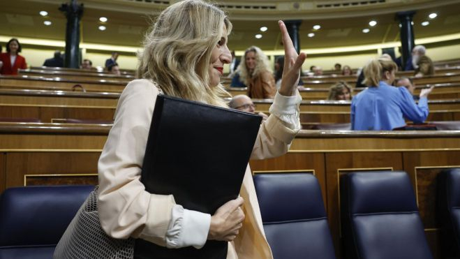 La ministra de Trabajo, Yolanda Díaz a su llegada a la segunda y última jornada del debate de la moción de censura que impulsa Vox contra el Gobierno del socialista Pedro Sánchez