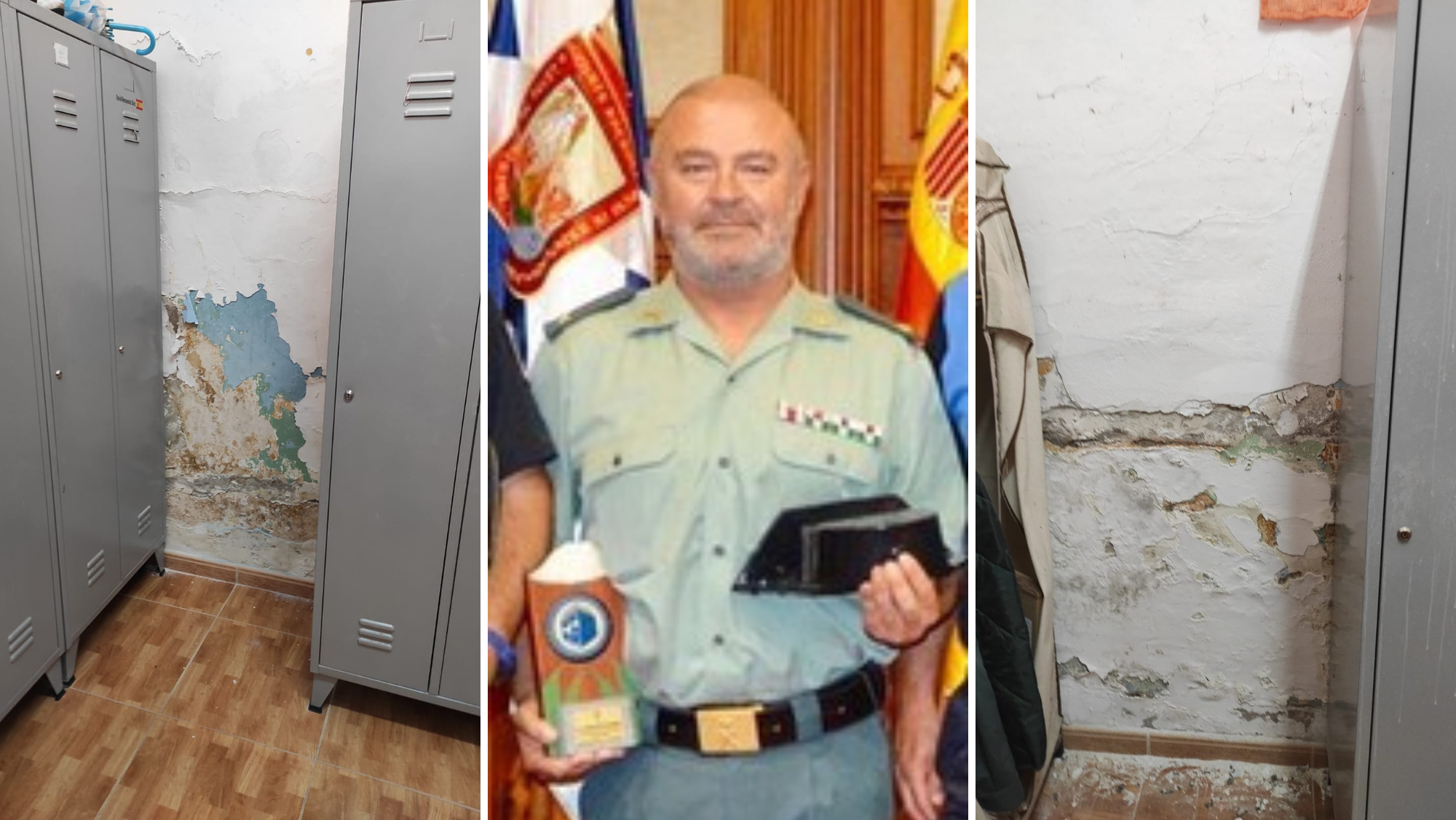 Antonio Díaz Jorquera, capitán jefe del cuartel de la Guardia Civil en La Orotava entre 2011 y 2020, y el estado de las paredes del acuartelamiento, supuestamente arregladas por Ángel Ramón Tejera de León, "Mon", del 'caso Cuarteles'./ Montaje AH
