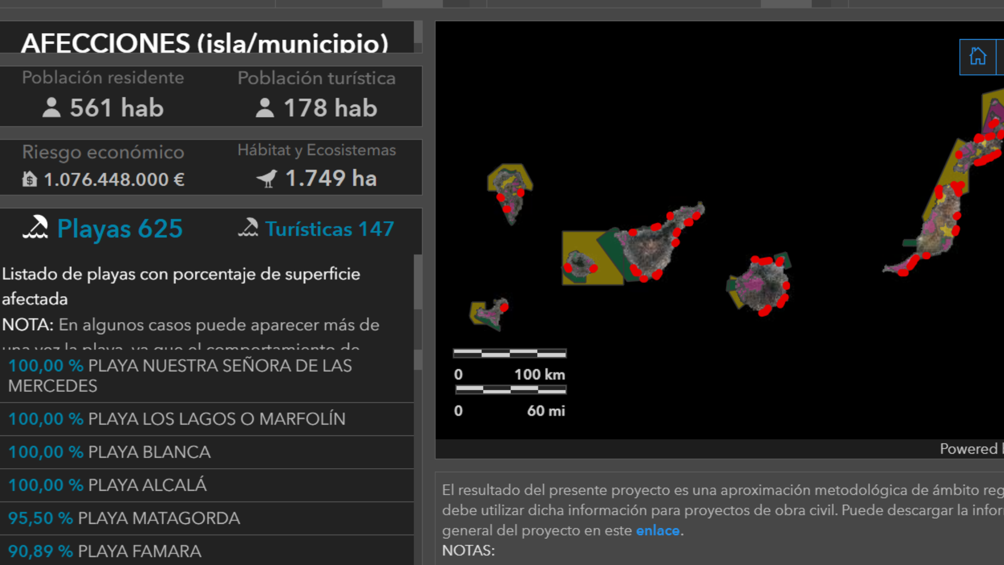 Imagen del panel sobre cómo el aumento del nivel del mar afectará a las playas Canarias situado en la nueva web sobre los datos de cambio climático en las islas. / SIGCC