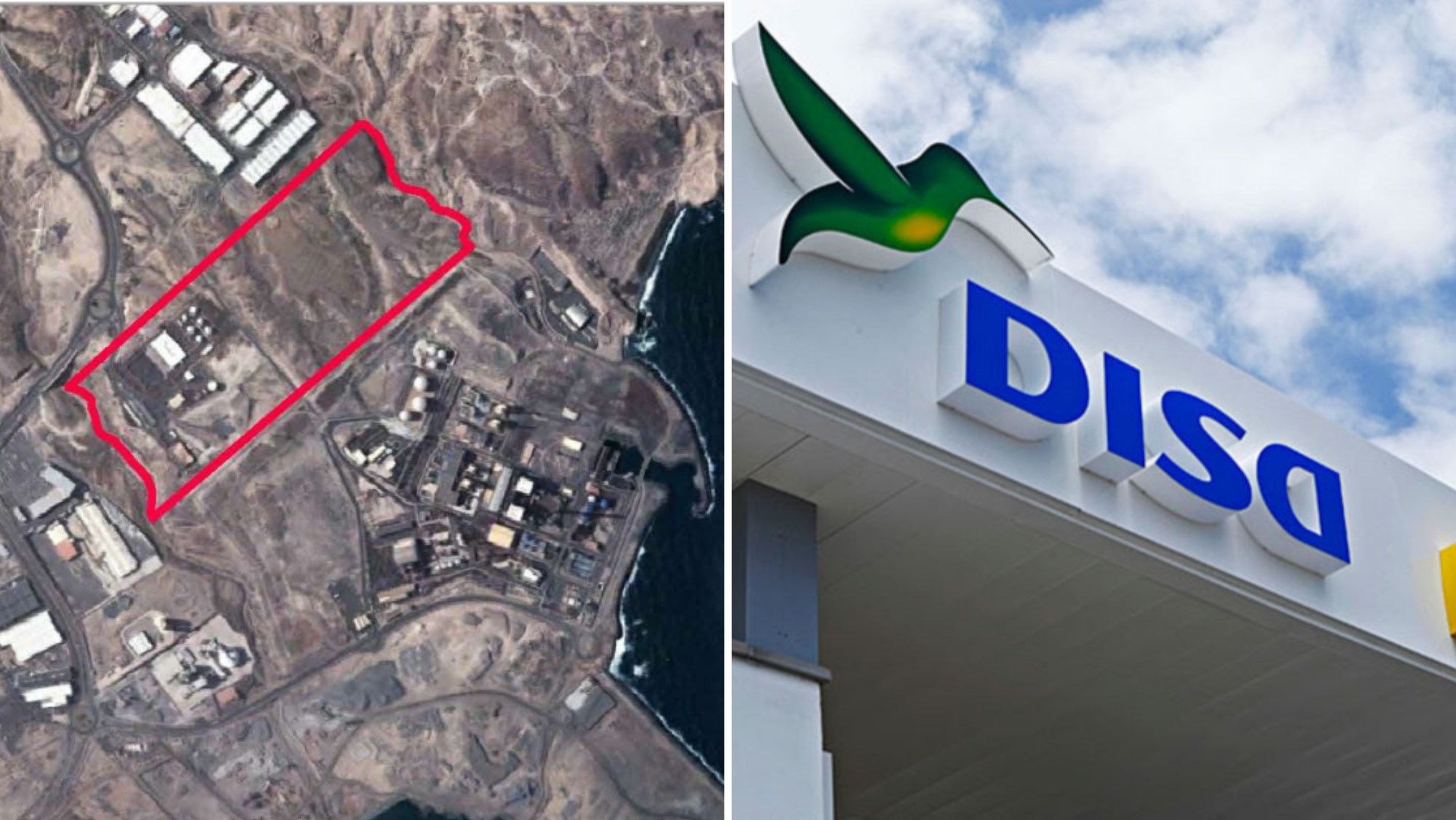 Limitación de parcela de Disa en el Polígono Industrial de Granadilla, junto a un cartel de la empresa. / COMPOSICIÓN DE ATLÁNTICO HOY