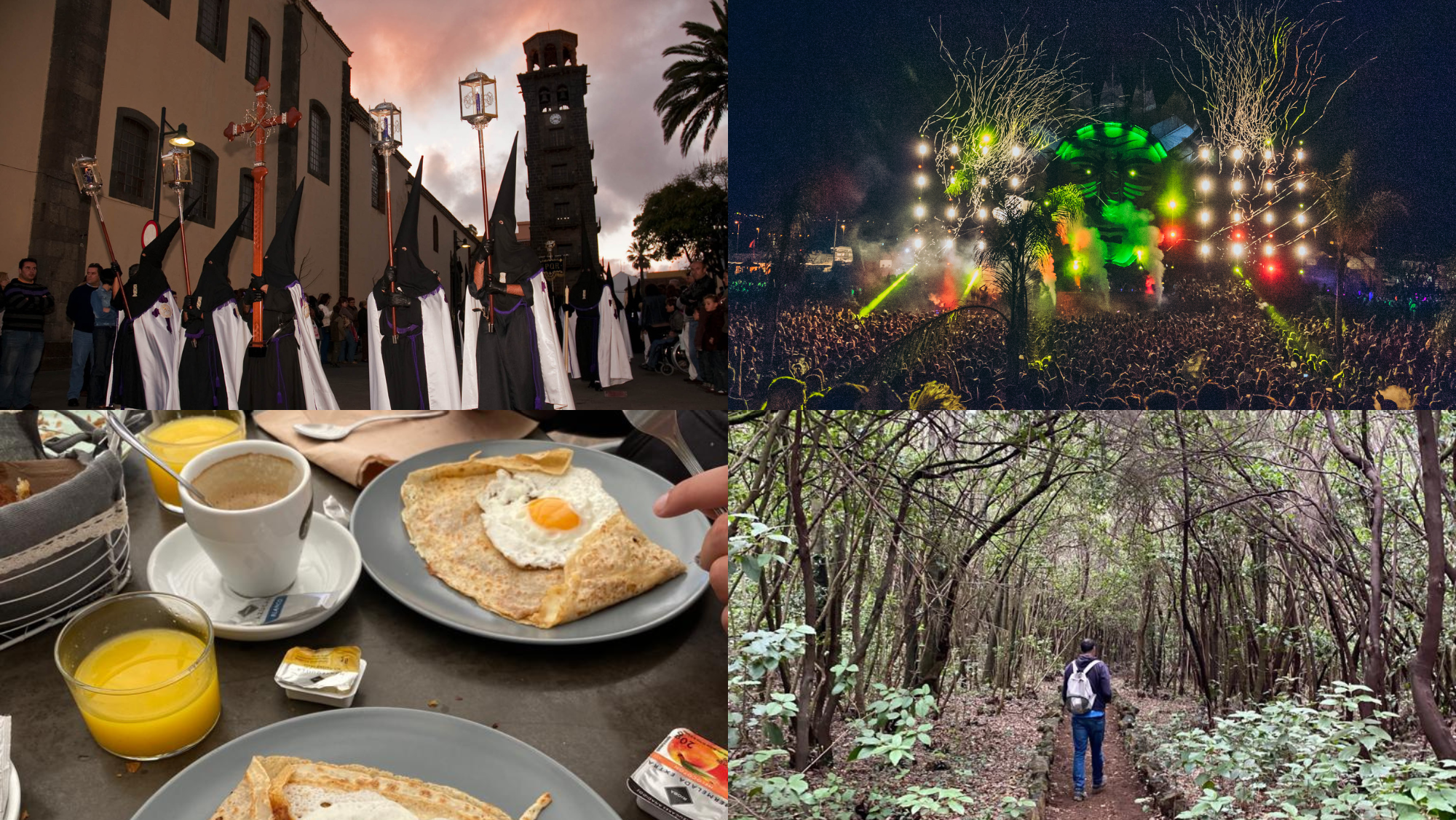 Composición de una procesión de La Laguna, un festival en el sur de Tenerife, un brunch y una persona realizando un sendero. / ATLÁNTICO HOY