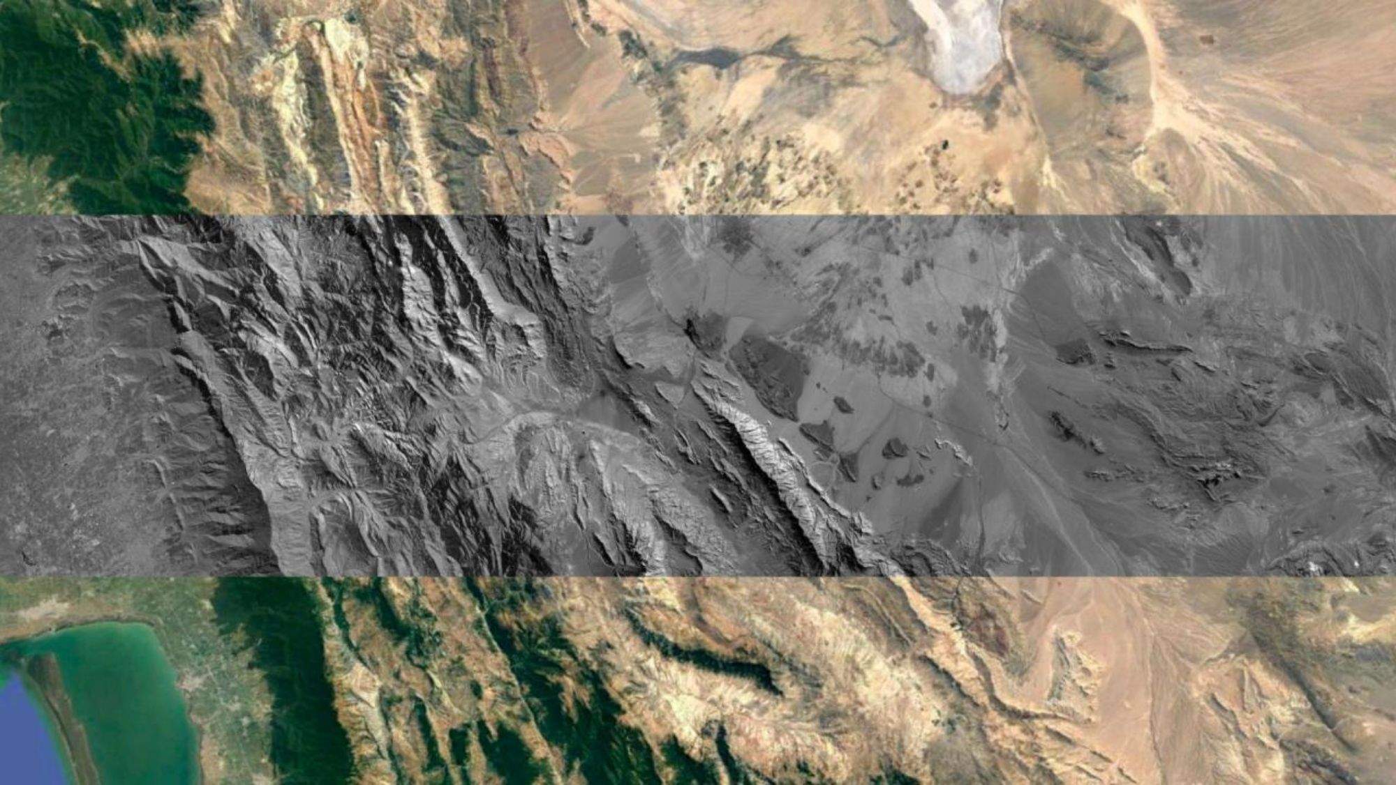 Imagen obtenida con DRAGO-2 del sur de Turkmenistán, cerca del Mar Caspio, en la que se distinguen infraestructuras humanas como carreteras y una población, así como el relieve montañoso de la zona / IACTEC-ESPACIO - GOOGLE EARTH
