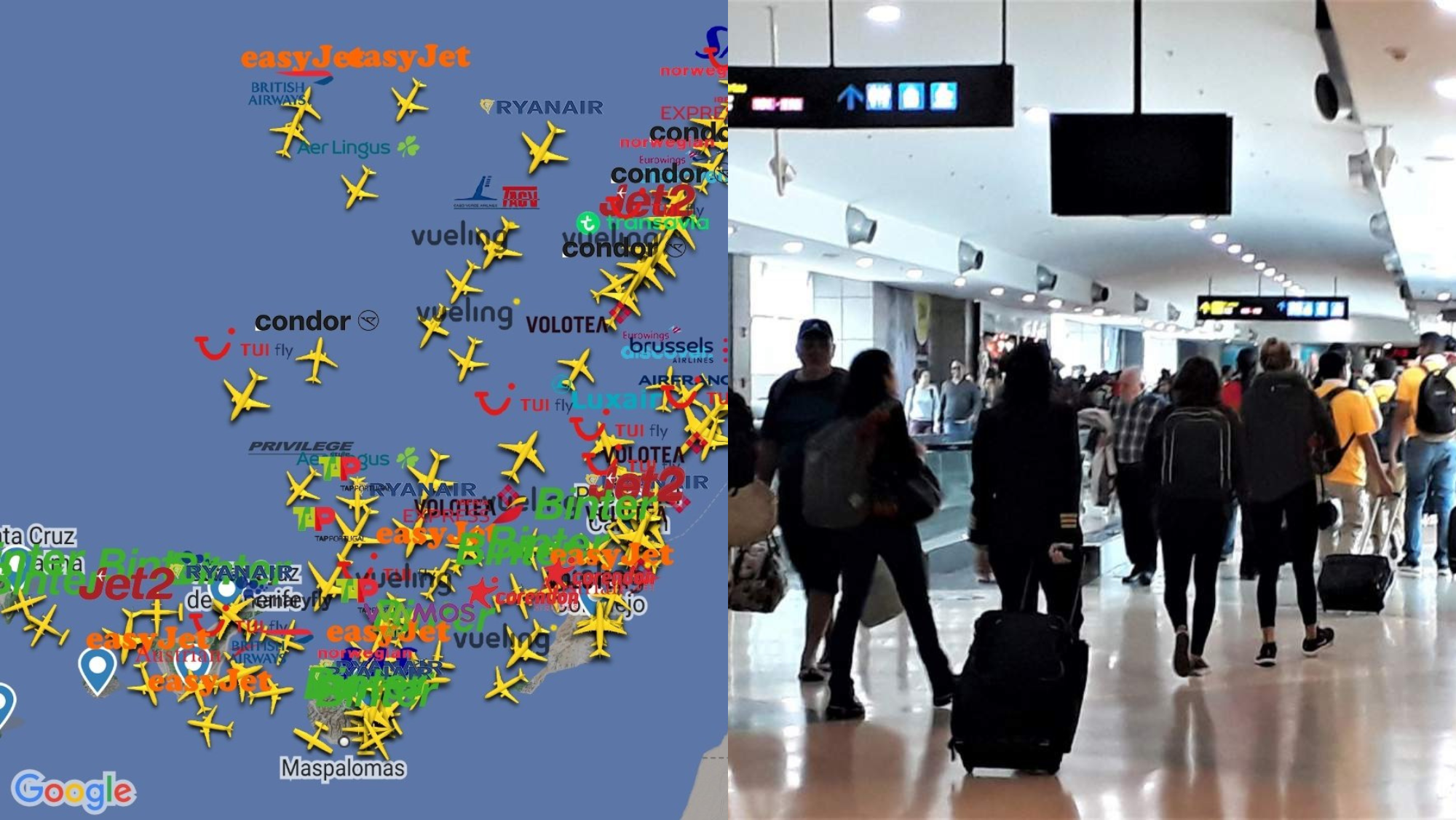 Imagen del tráfico aéreo hacia Canarias el 1 de abril junto a un aeropuerto con viajeros. / FLIGHTRADAR24 - EUROPA PRESS 