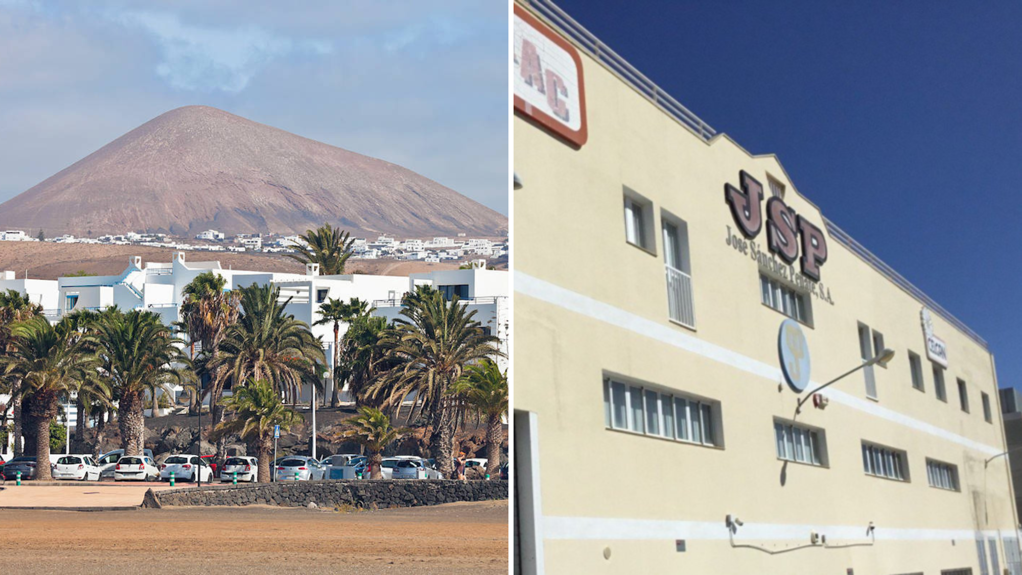 A la izquierda, el municipio de Tías, en Lanzarote; a la derecha, una fábrica de JSP./