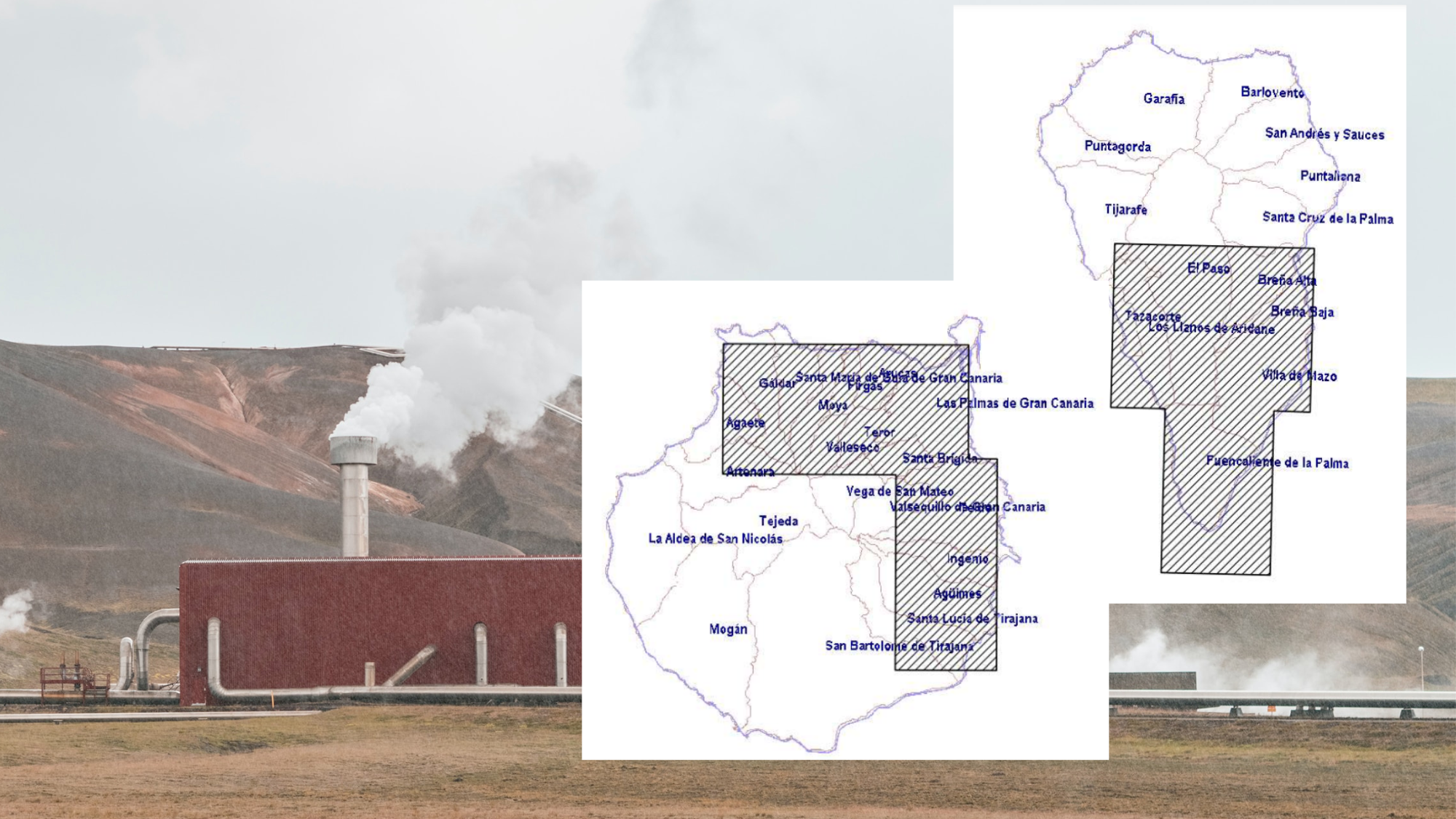Las cuadrículas mineras de Gran Canaria y La Palma que han salido a concurso para la investigación de geotermia sobre la imagen de una central geotérmica. / CONSEJERÍA DE INDUSTRIA-UNSPLASH