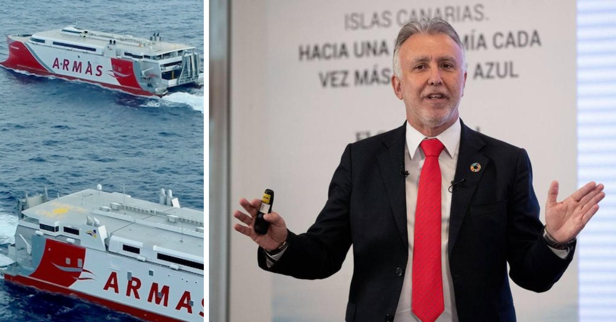 Dos barcos de Naviera Armas y el presidente de Canarias, Ángel Víctor Torres./ MONTAJE AH