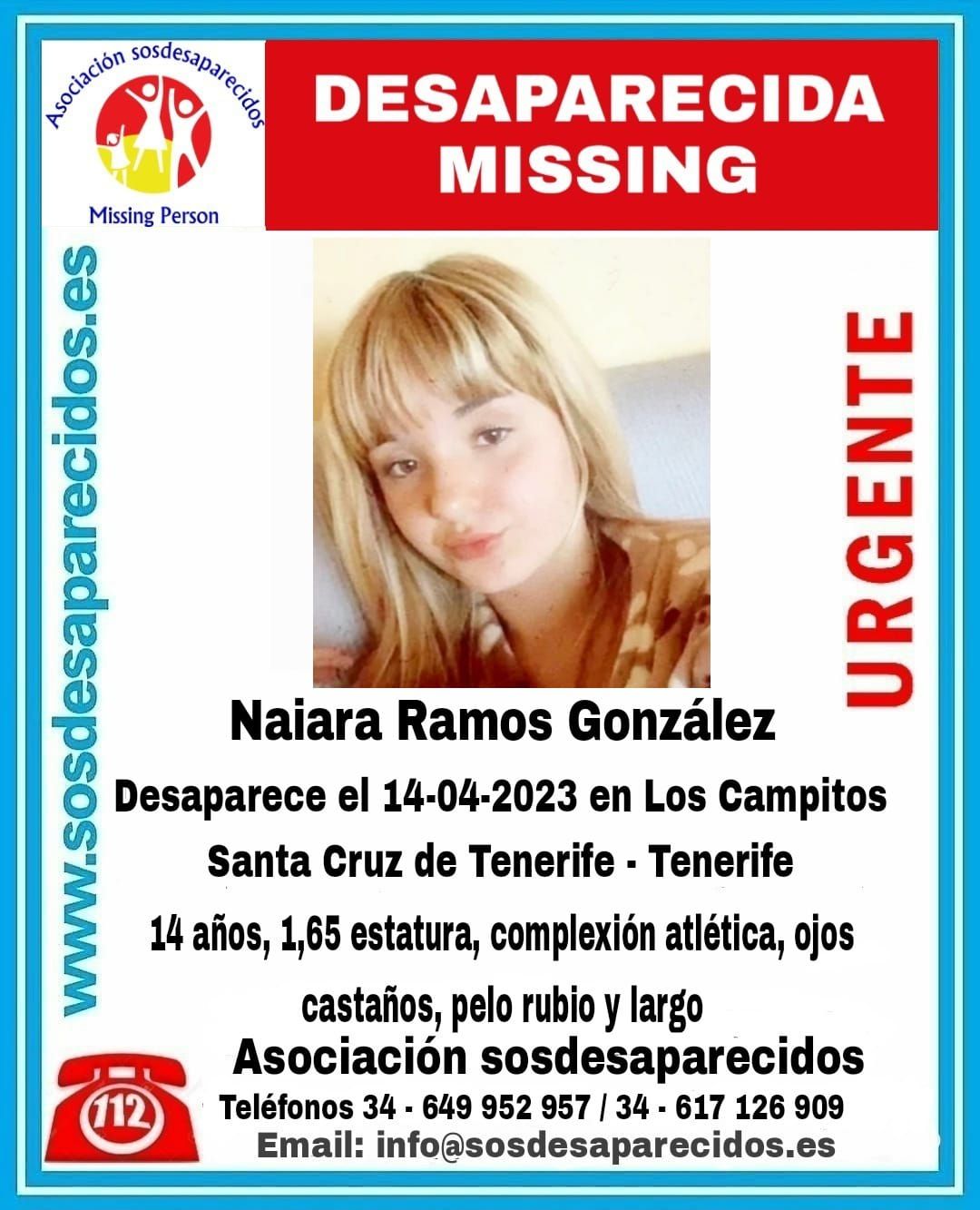 Naiara Ramos González, desaparecida el 14 de abril en Los Campitos (Santa Cruz de Tenerife)./ ASOCIACIÓN SOS DESAPARECIDOS Naiara Ramos González, desaparecida el 14 de abril en Los Campitos (Santa Cruz de Tenerife)./ ASOCIACIÓN SOS DESAPARECIDOS