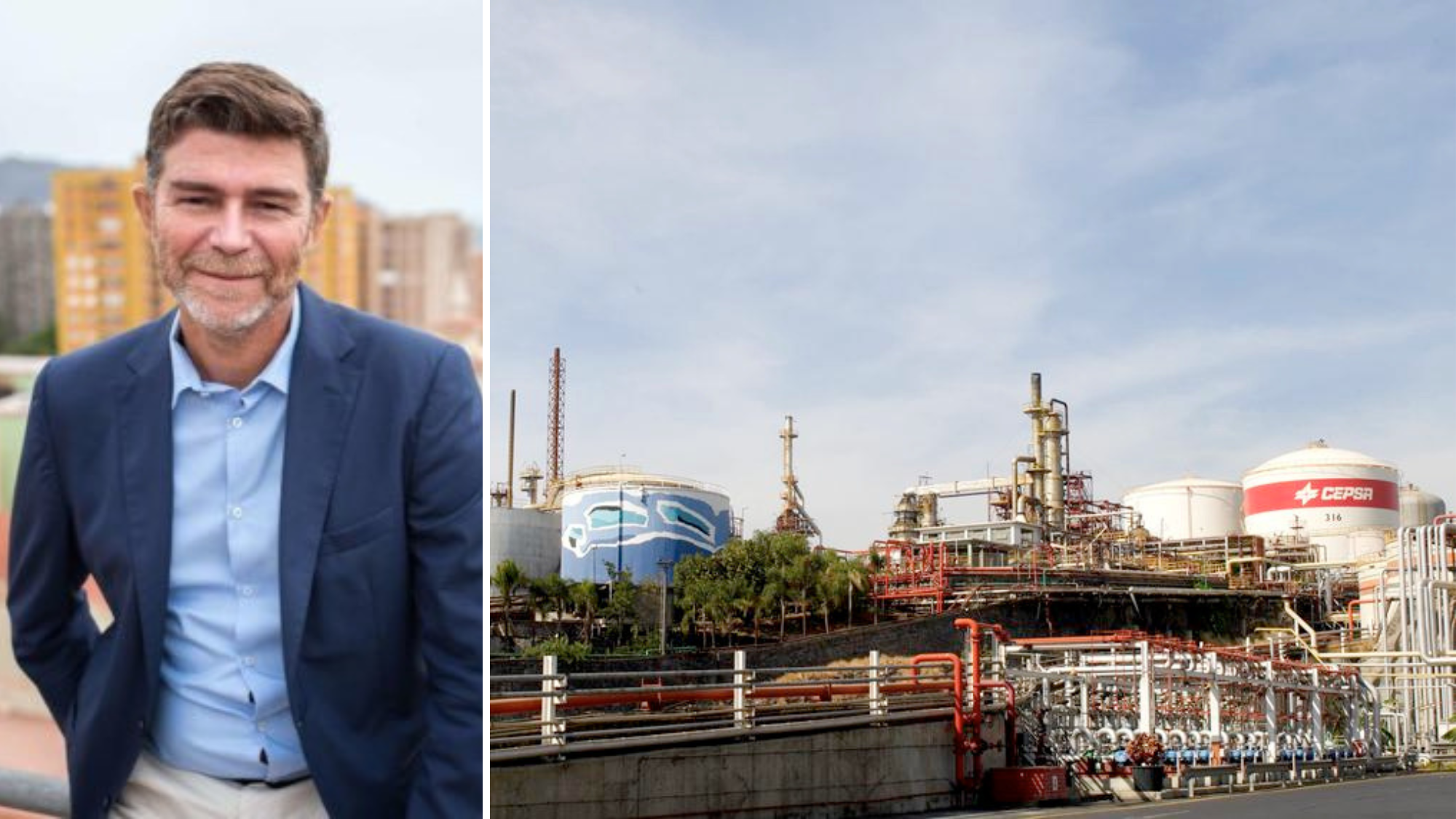 Guillermo Díaz Guerra, concejal de Urbanismo de Santa Cruz de Tenerife, y la refinería de Cepsa./ TWITTER DE GUILLERMO DÍAZ GUERRA / WIKIPEDIA