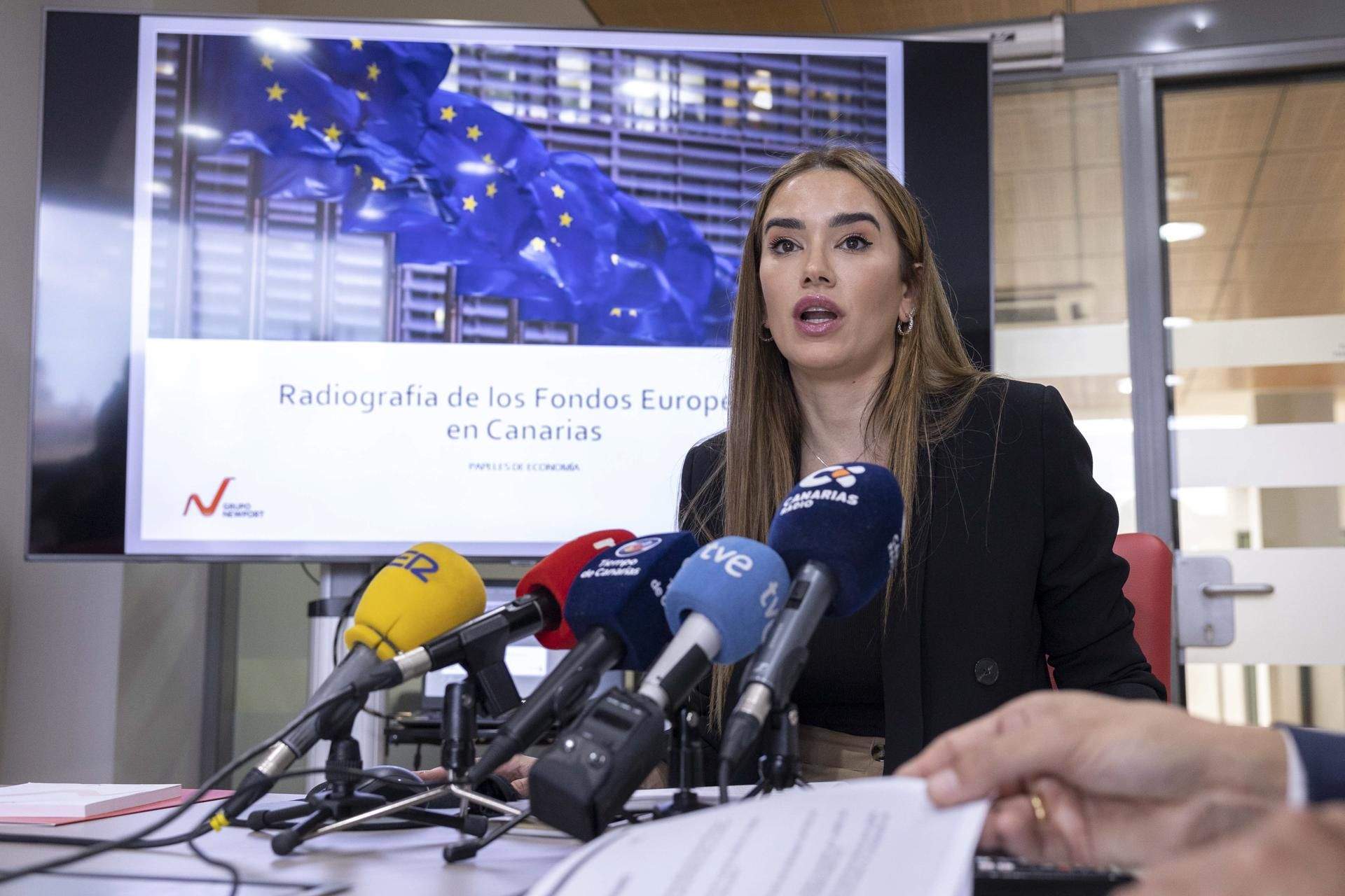 La consejera delegada del Grupo Newport, Yasmina Newport, durante la presentación , de la novena edición de Papeles de Economía Radiografía de los fondos europeos en Canarias, elaborado junto a Corporación 5, Análisis y Estrategias./ EFE - MIGUEL BARRETO