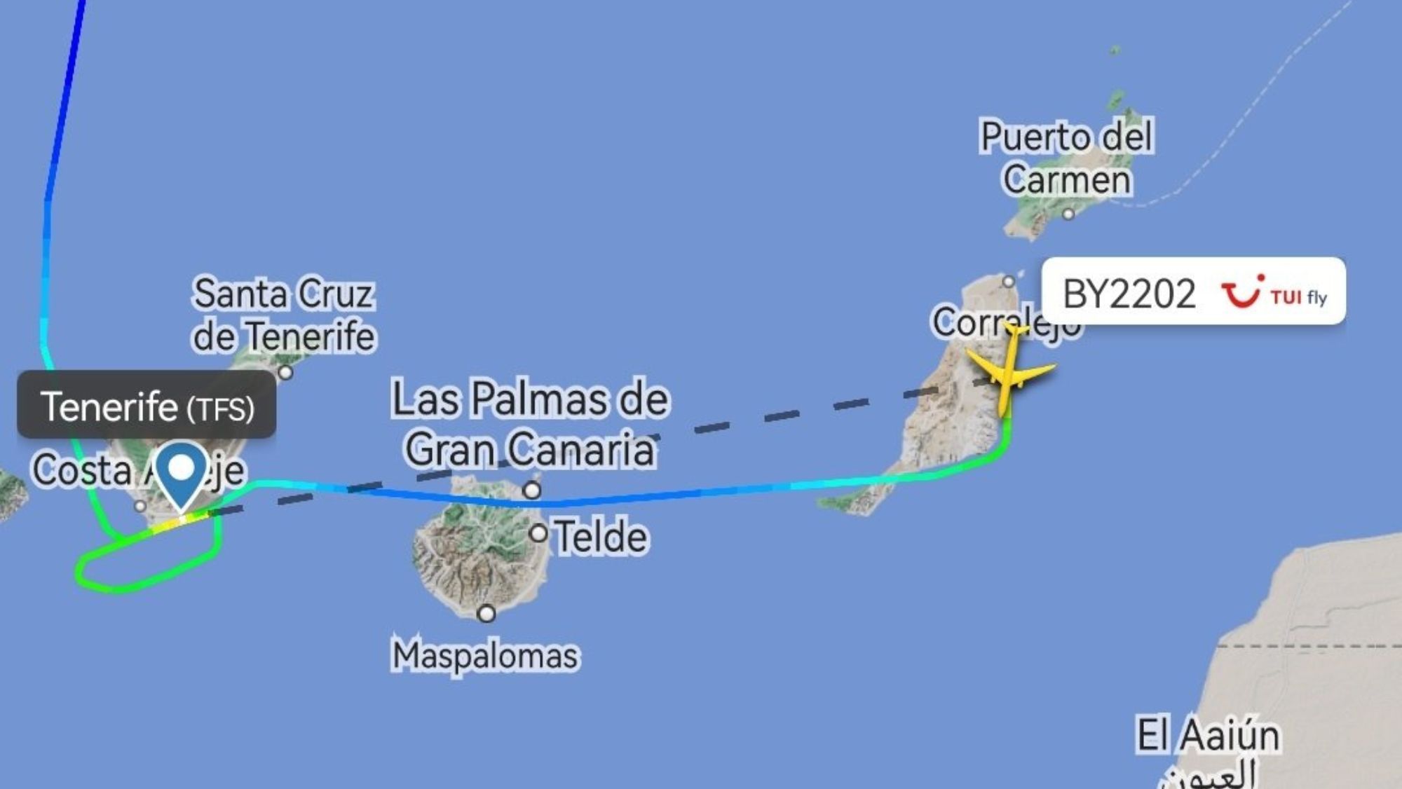 Imagen de una aplicación aeronáutica donde se ve uno de los desvíos desde Tenerife Sur hasta Lanzarote. / @CONTROLADORES