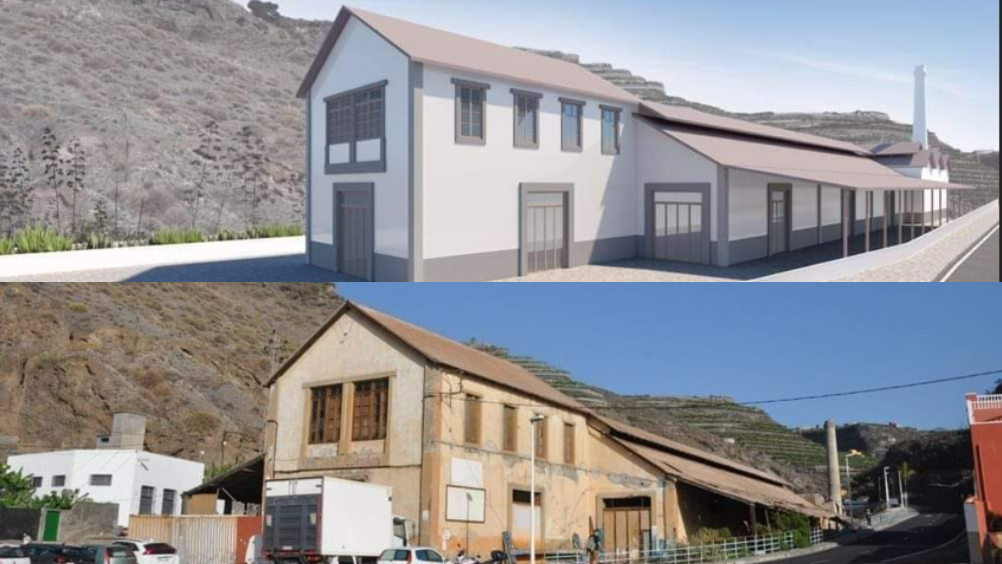 Imagen de cómo quedará y cómo está actualmente el edificio industrial de Yanes. / CEDIDA 