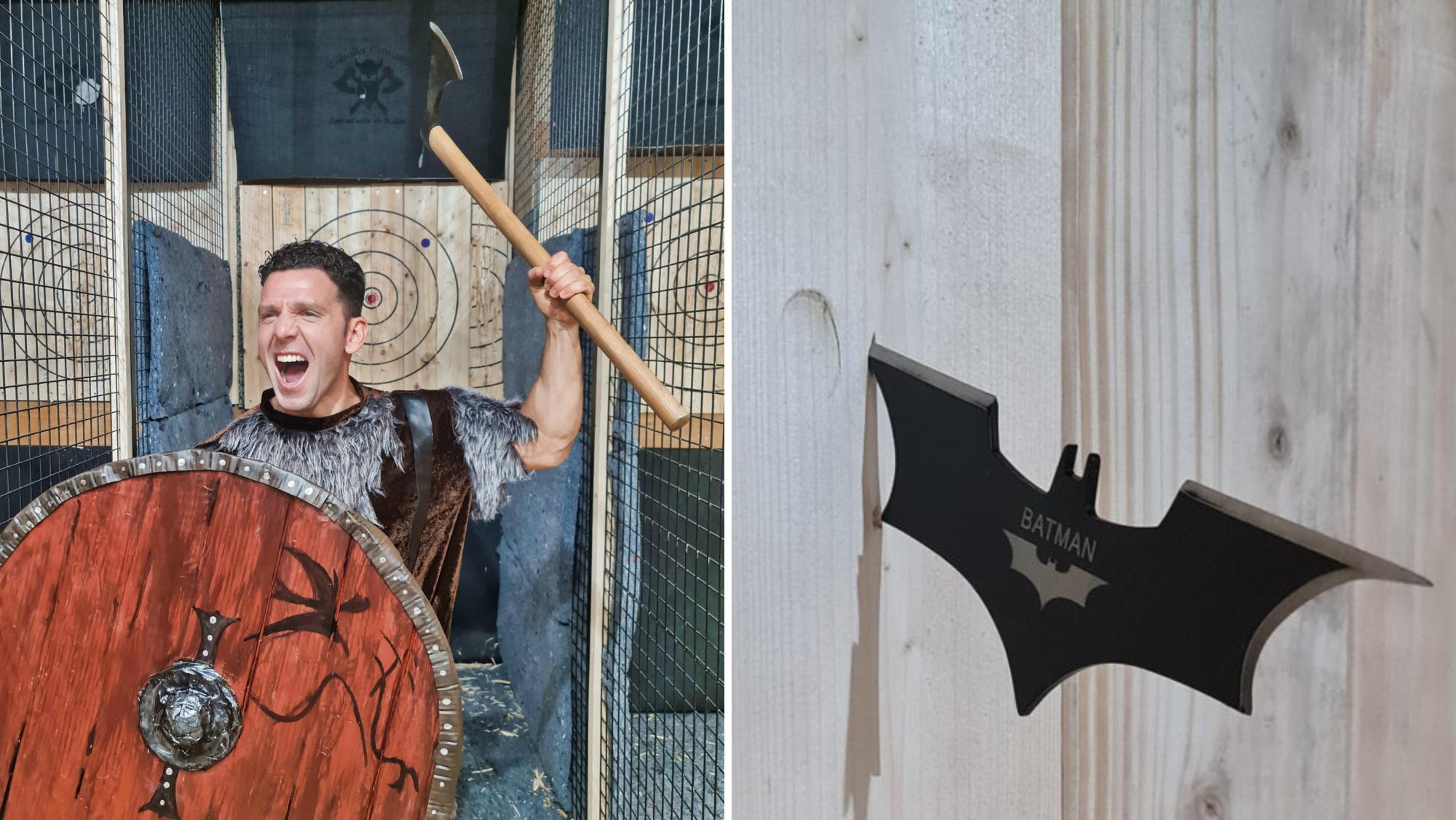 Valhalla Canarias, primera sala de lanzamiento de hachas en Tenerife. A la izquierda, Airam Morales, su propietario./ VALHALLA CANARIAS