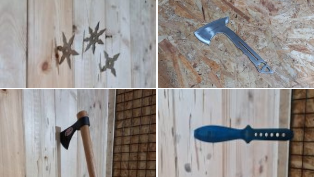 Algunas de las hachas, 'shurikens' y cuchillos que se pueden lanzar en Valhalla Canarias./ VALHALLA CANARIAS