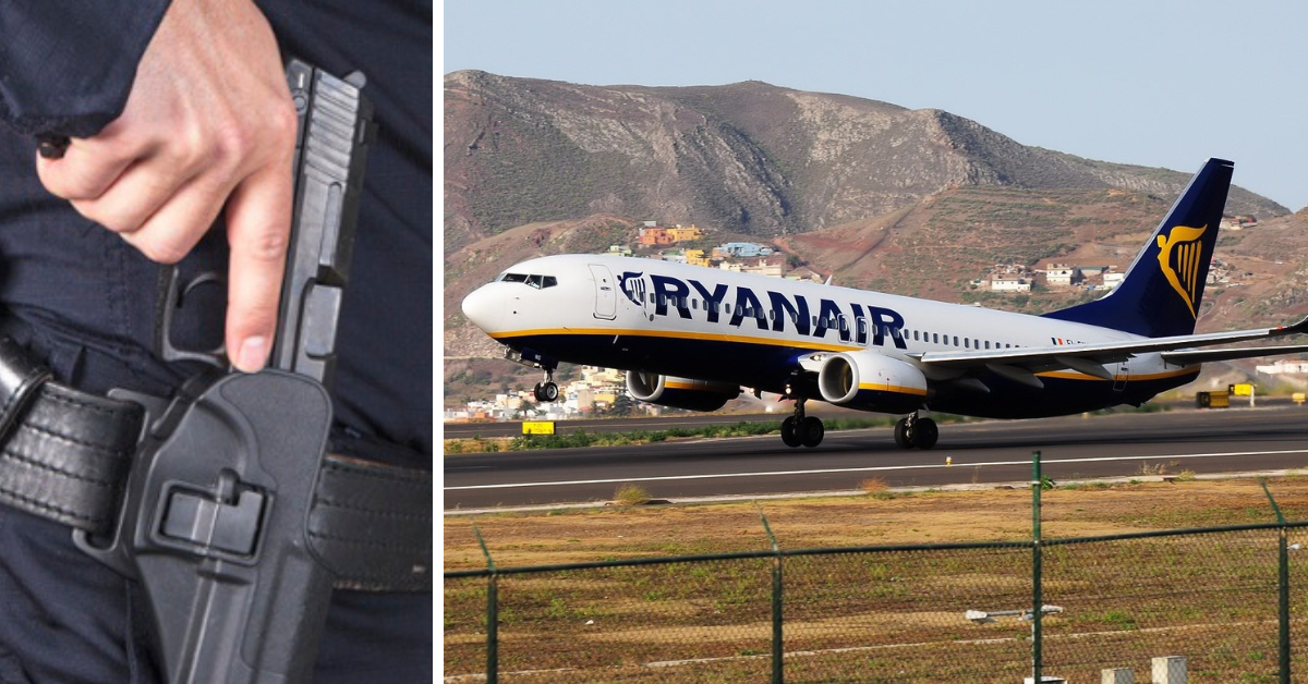 Un agente de Policía Nacional con una pistola y un avión de Ryanair en Tenerife Norte./ MONTAJE AH