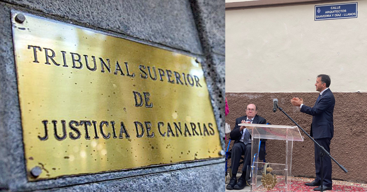A la izquierda, la placa del TSJC. A la derecha, José Manuel Bermúdez (der.) inaugura la calle Arquitectos Saavedra y Díaz Llanos junto con el arquitecto homenajeado, Javier Díaz-Llanos La Roche (iz.)./ MONTAJE AH