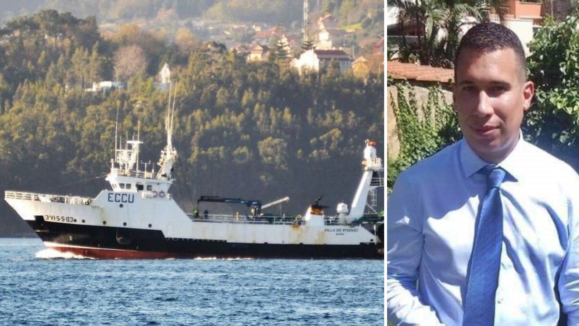 El barco Villa de Pitanxo, naufragado el 15 de febrero de 2022 con el biólogo canario Manuel Navarro (derecha) a bordo, que fue dado por muerto al no encontrar su cuerpo./ MONTAJE AH