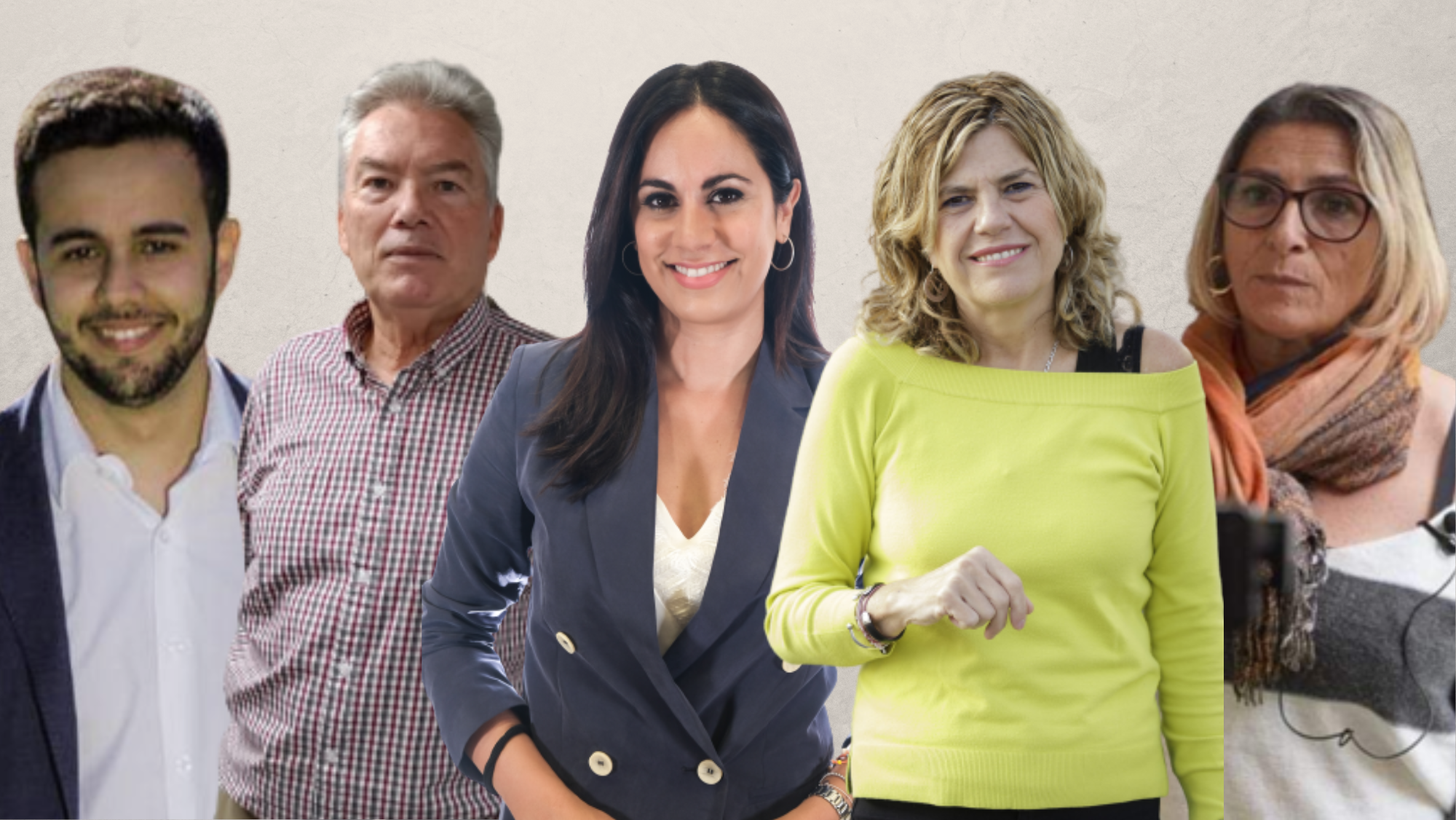 Montaje de Atlántico Hoy con los exmiembros de Podemos y Ciudadanos Javier Amador (izq), Juan Ruiz, Vidina Espino, María José Belda y Antonella Aliotti / MONTAJE AH