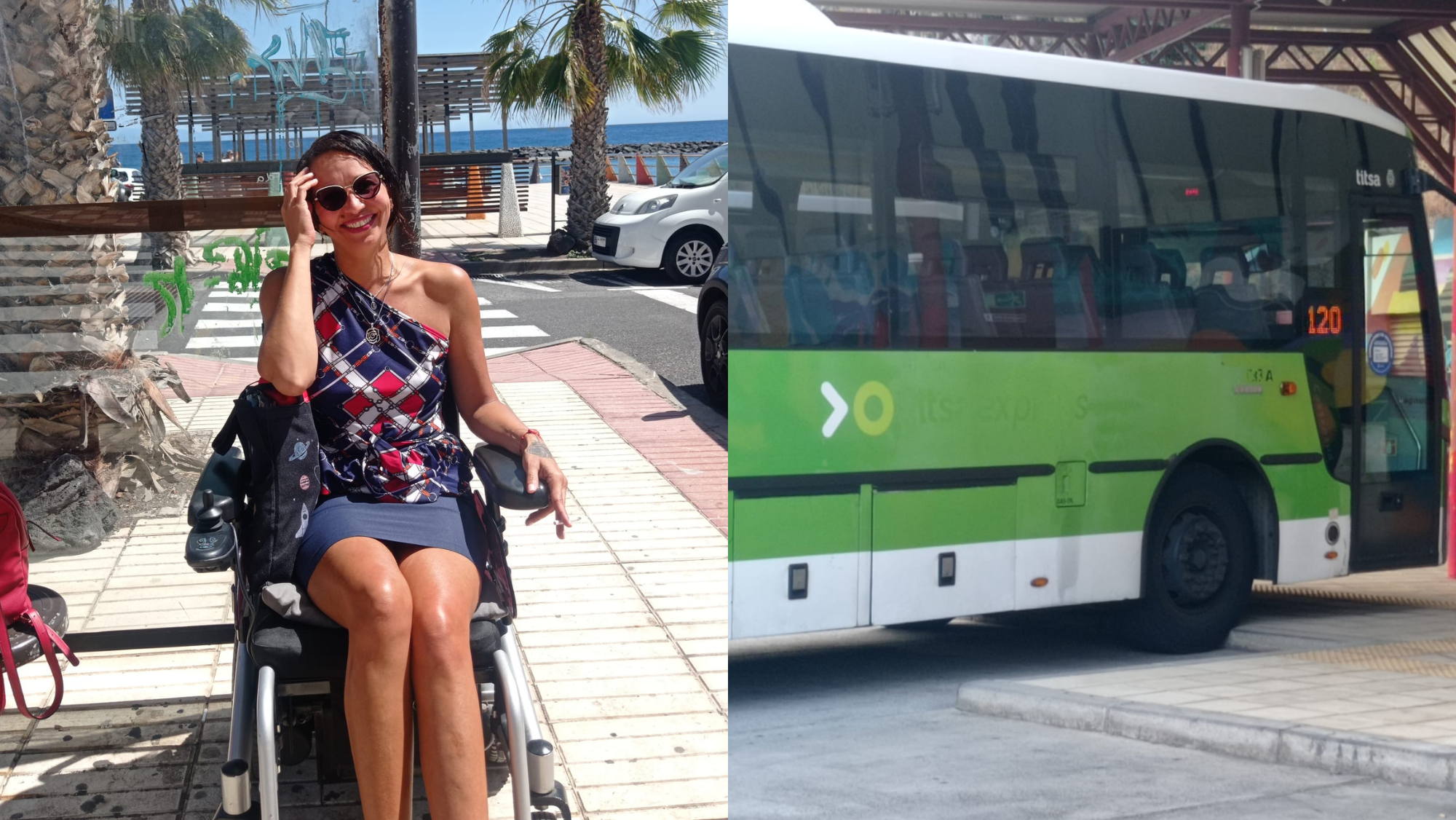 Elisa (izq.), vecina del Puertito de Güímar y a la derecha la línea 120 no adaptada. / CEDIDAS