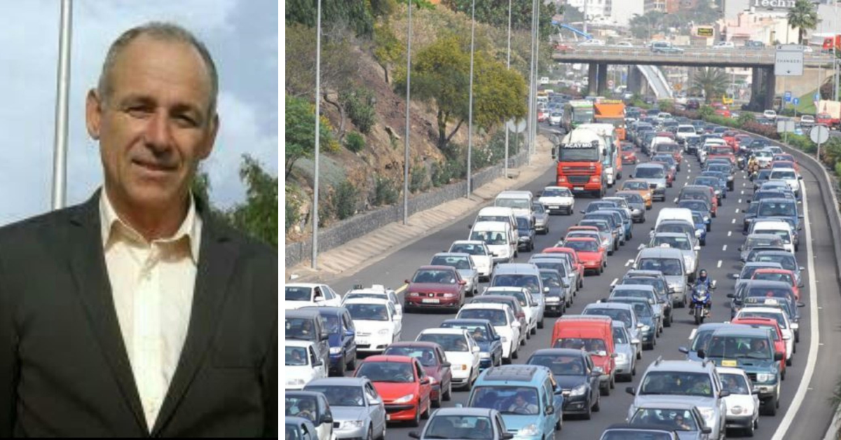 Francisco Guanche, presidente de la cooperativa del taxi de La Laguna, y una cola en la TF-5./ MONTAJE AH