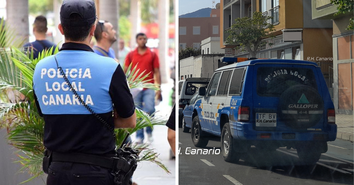 Un agente de Policía Local en una imagen de archivo y el vehículo averiado en la policía de la Villa de Mazo./ ARCHIVO / RH CANARIO