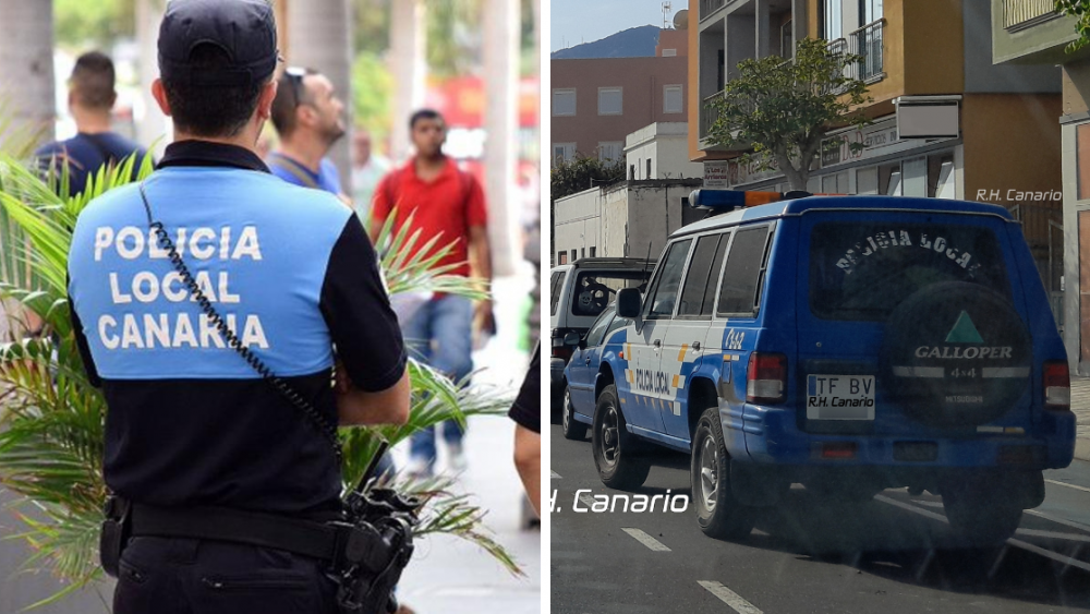 Un agente de Policía Local en una imagen de archivo y el vehículo averiado en la policía de la Villa de Mazo./ ARCHIVO / RH CANARIO
