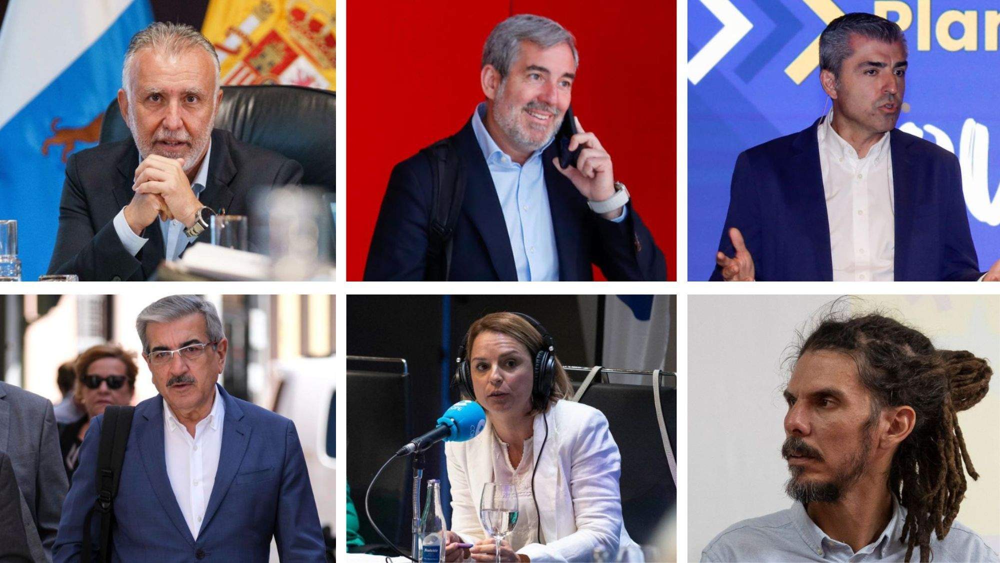 Los candidatos de los principales partidos de Canarias, Ángel Víctor Torres, Fernando Clavijo, Manuel Domínguez, Román Rodríguez, Noemí Santana y Alberto Rodríguez, cerraron este viernes la campaña electoral del 28M a la espera de los pactos posteriores. / AH