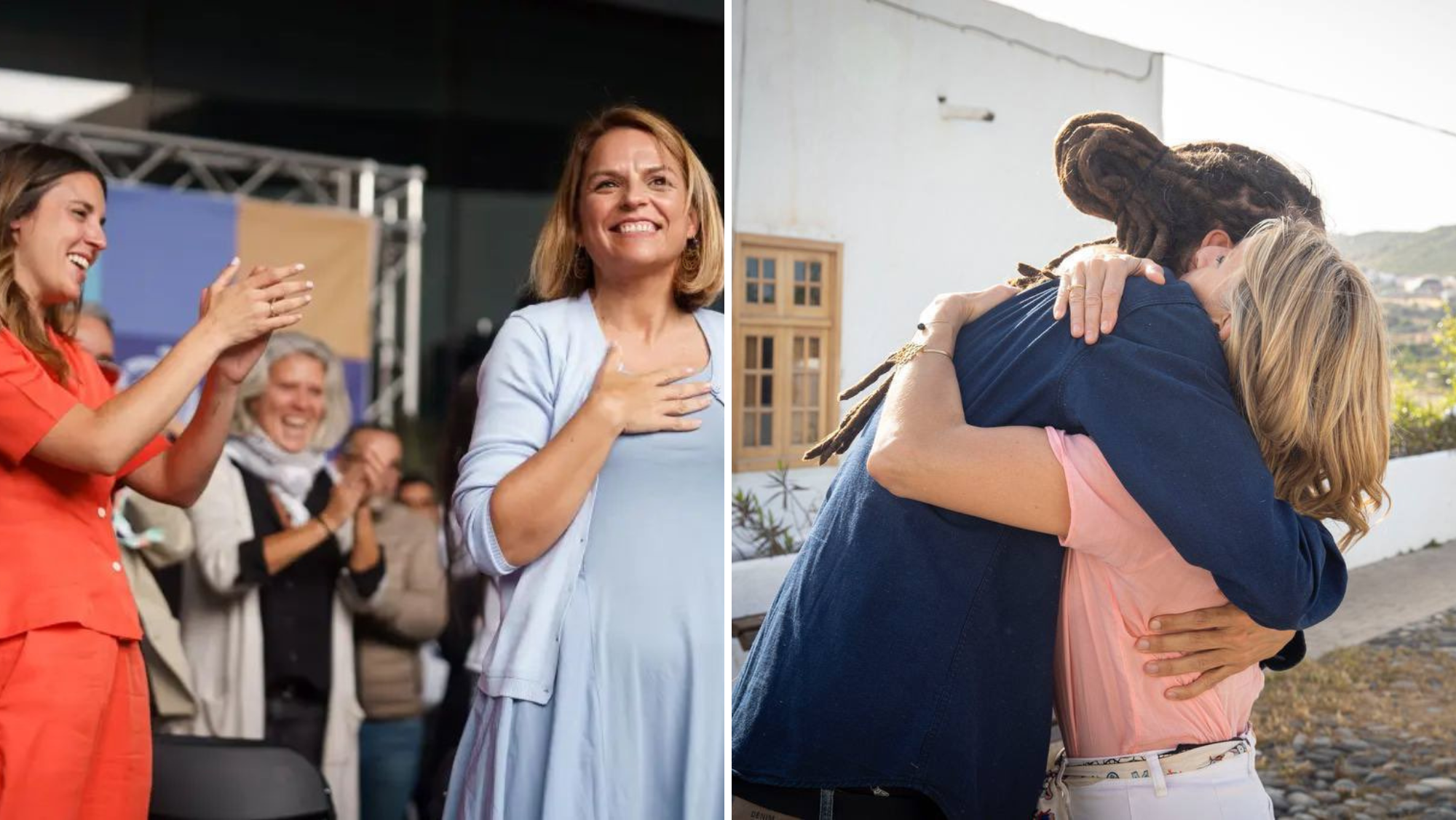 A la izquierda, las dirigentes de Podemos Irene Montero y Noemí Santana. A la derecha el presidente de Proyecto Drago, Alberto Rodríguez y la  impulsora de Sumar, Yolanda Díaz. / EFE-TWITTER ALBERTO RODRÍGUEZ